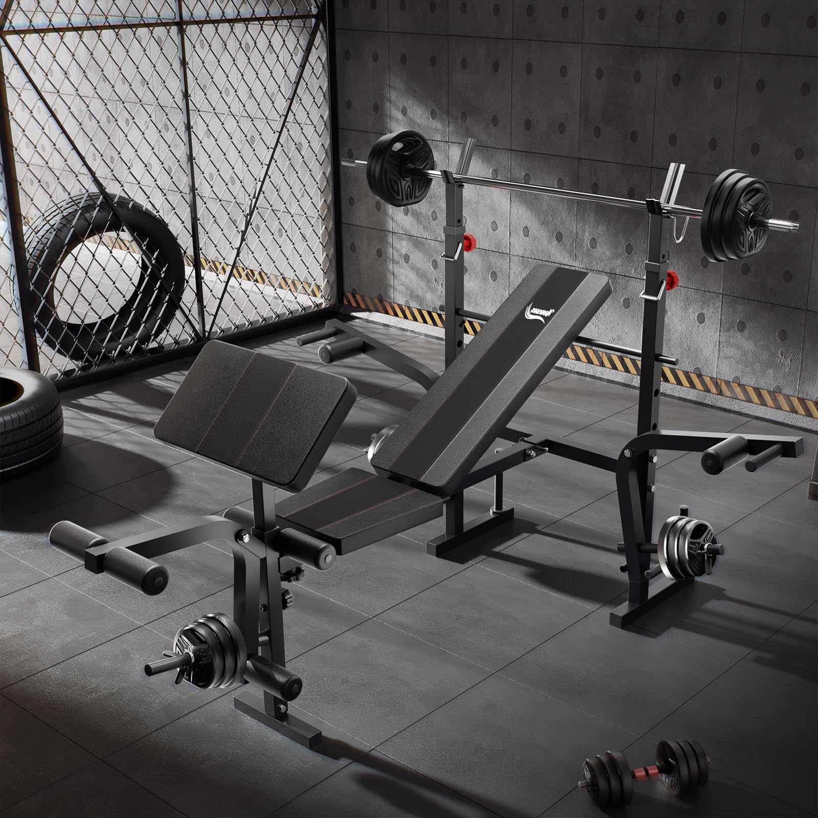 Banc de Musculation Complet Multifonction avec Dossier Réglable, Repose-Jambes et Support de Poids, Banc Musculation Pliable&Inclinable/Bancs Developper Coucher, Bancs de Biceps/de Curl