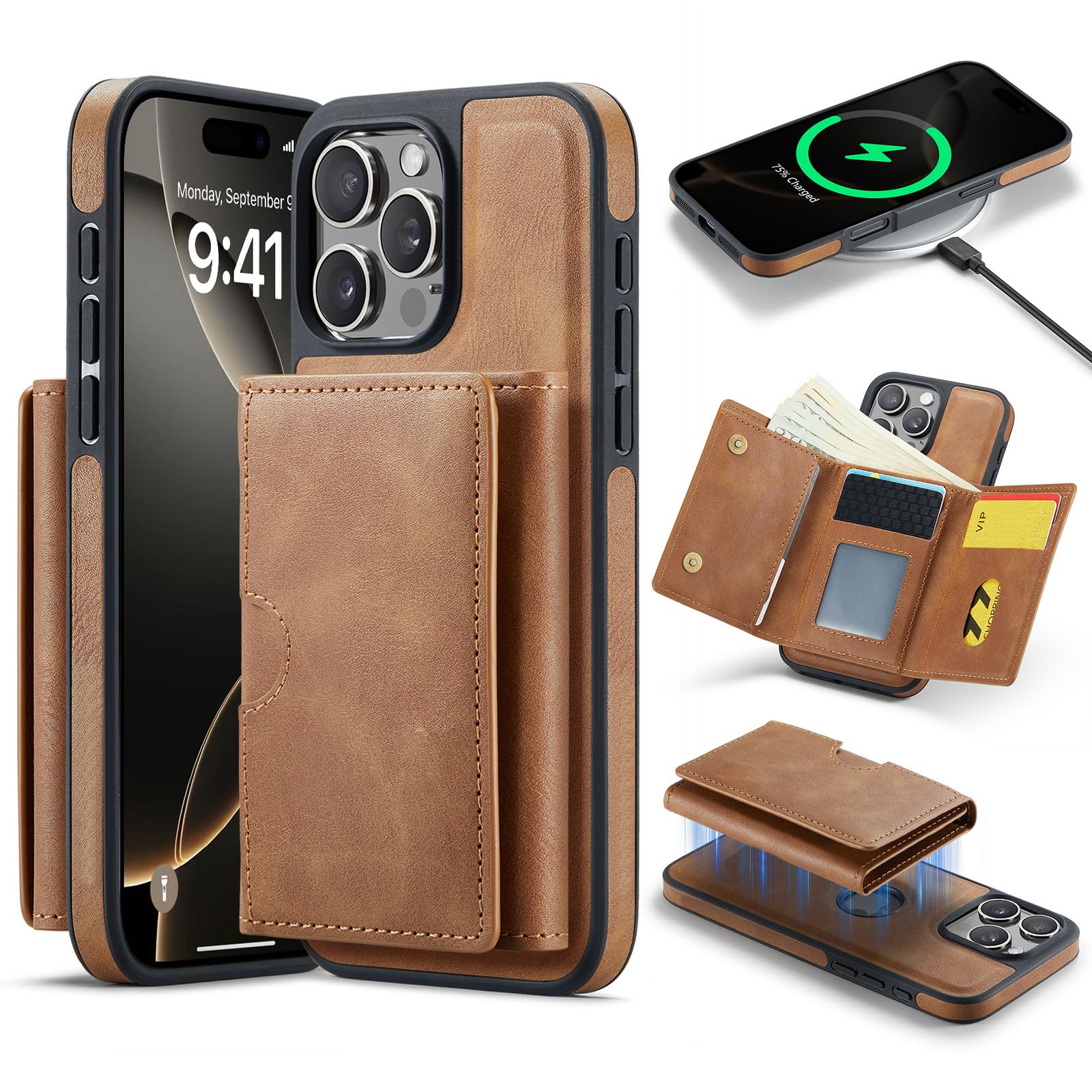 Asuwish Funda de teléfono para iPhone 16 Pro Max de 6.9 pulgadas, funda magnética desmontable con carga inalámbrica y bloqueo RFID, tarjetero para teléfono 16 16Pro i16 ProMax 16ProMax para mujeres y