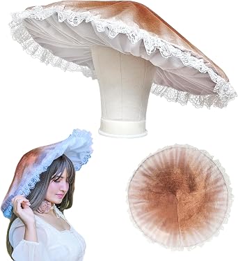 Original Mushroom Hat Costume Cosplay Accessory Hat Cap, Brown Gradient with Lace, Oversized and Holds Shape