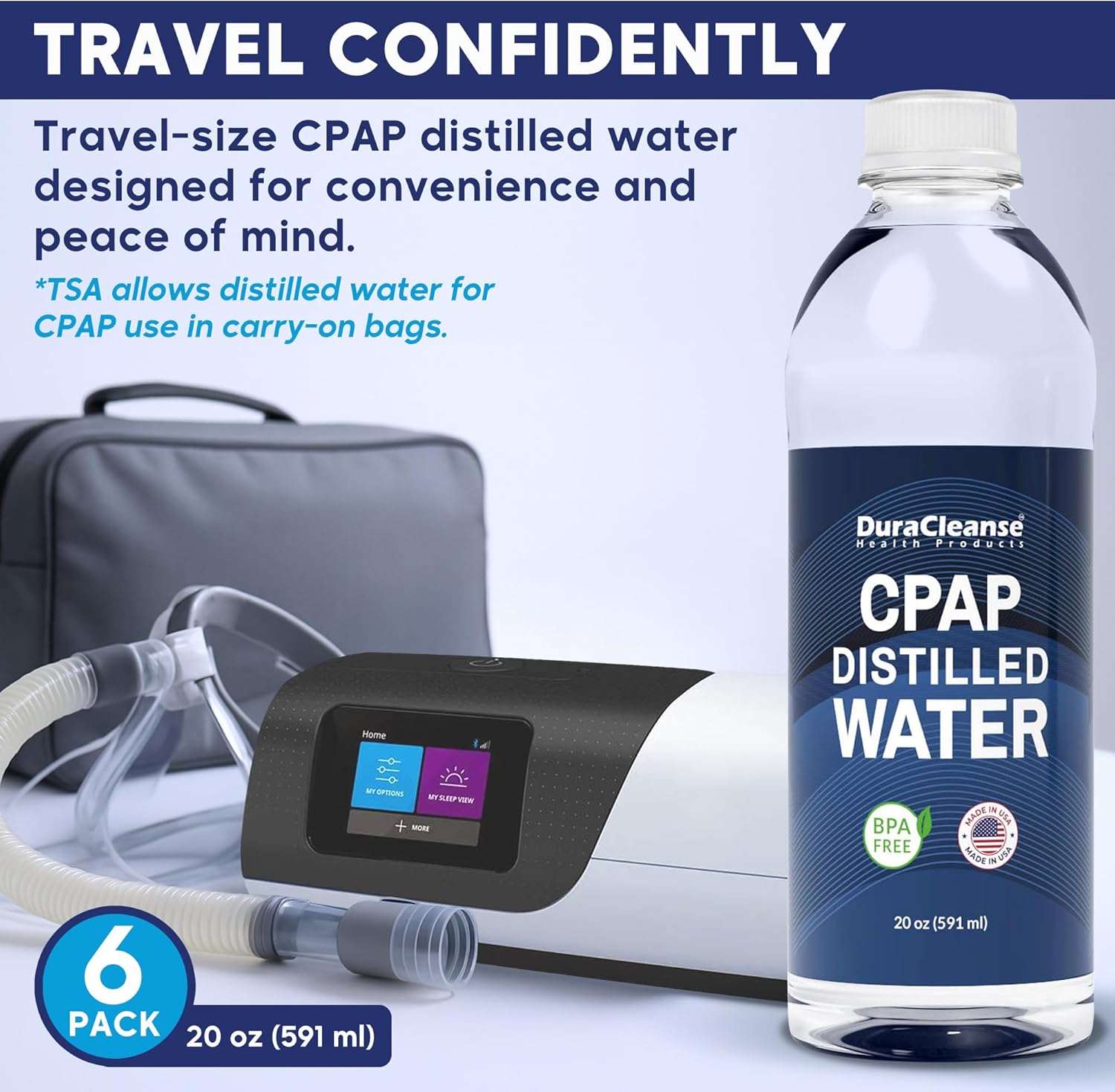 Dura Cleanse Distilled Water for CPAP Machines 6 Pack (20 oz Each) Travel Size Bottles for Resmed, Respironics Machines, Personal Humidifier - Made in USA, BPA-Free, Clean, Multi-Use, Travel-Friendly