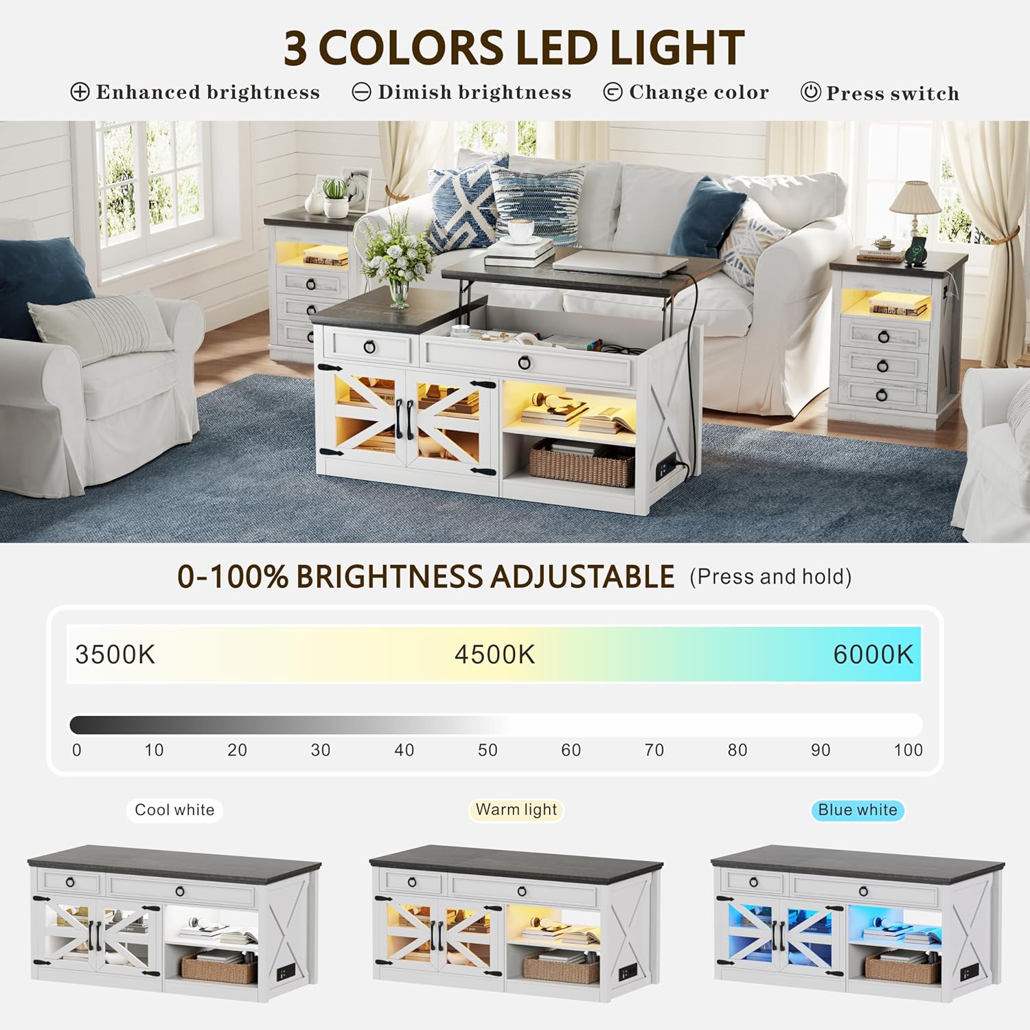 Lvifur 48" Farmhouse Lift Top Coffee Table with LED Lights & Charging Station, Living Room Center Table with 2 Hidden Storage Compartments, Lifting Tabletop and Adjustable Shelf (White)