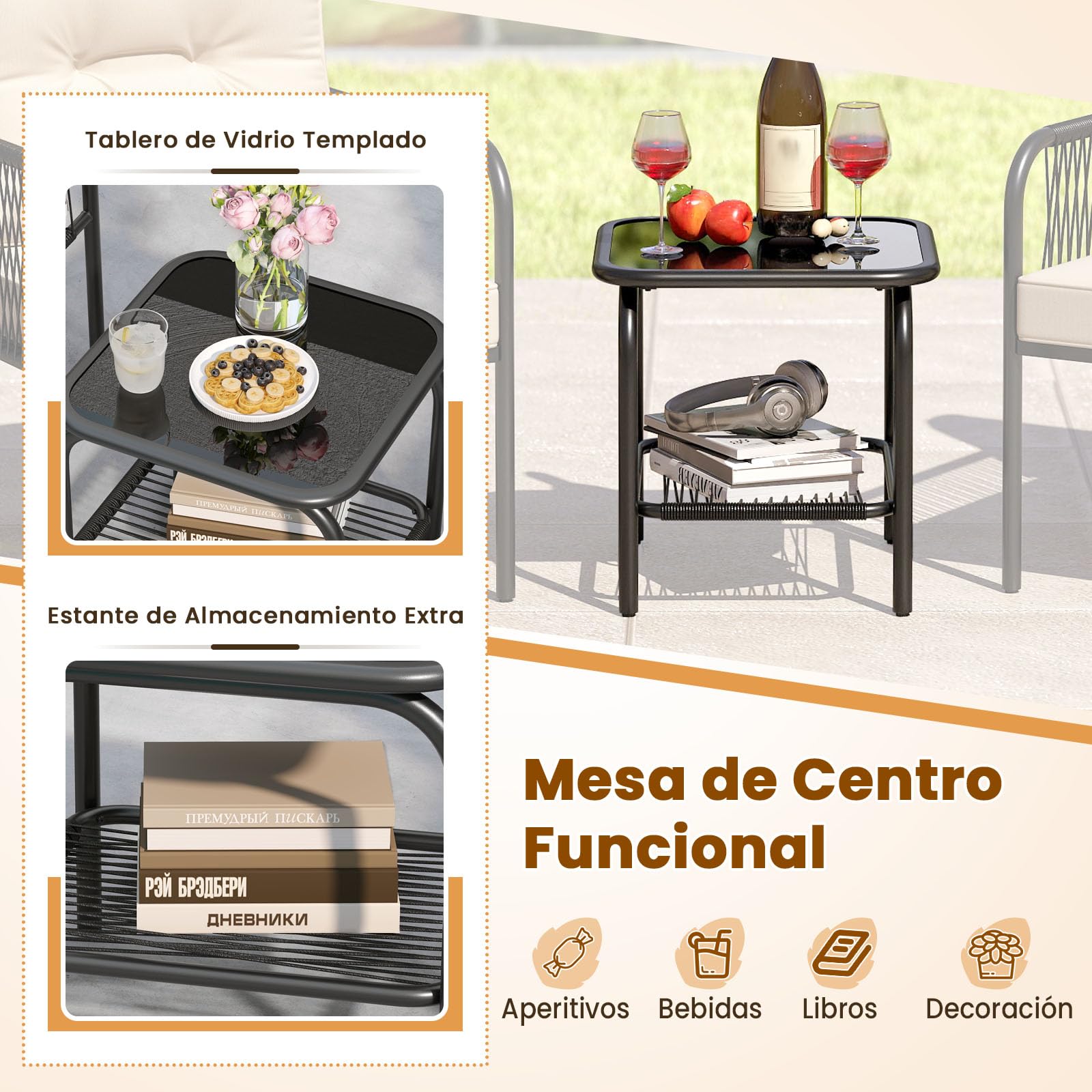 COSTWAY Conjunto Jardin Exterior de Ratan PE 3 Piezas, Mesa de Vidrio Templado, 2 Sillas con Cojines, Mesa y Sillas Muebles Jardin Terraza Balcon Exterior