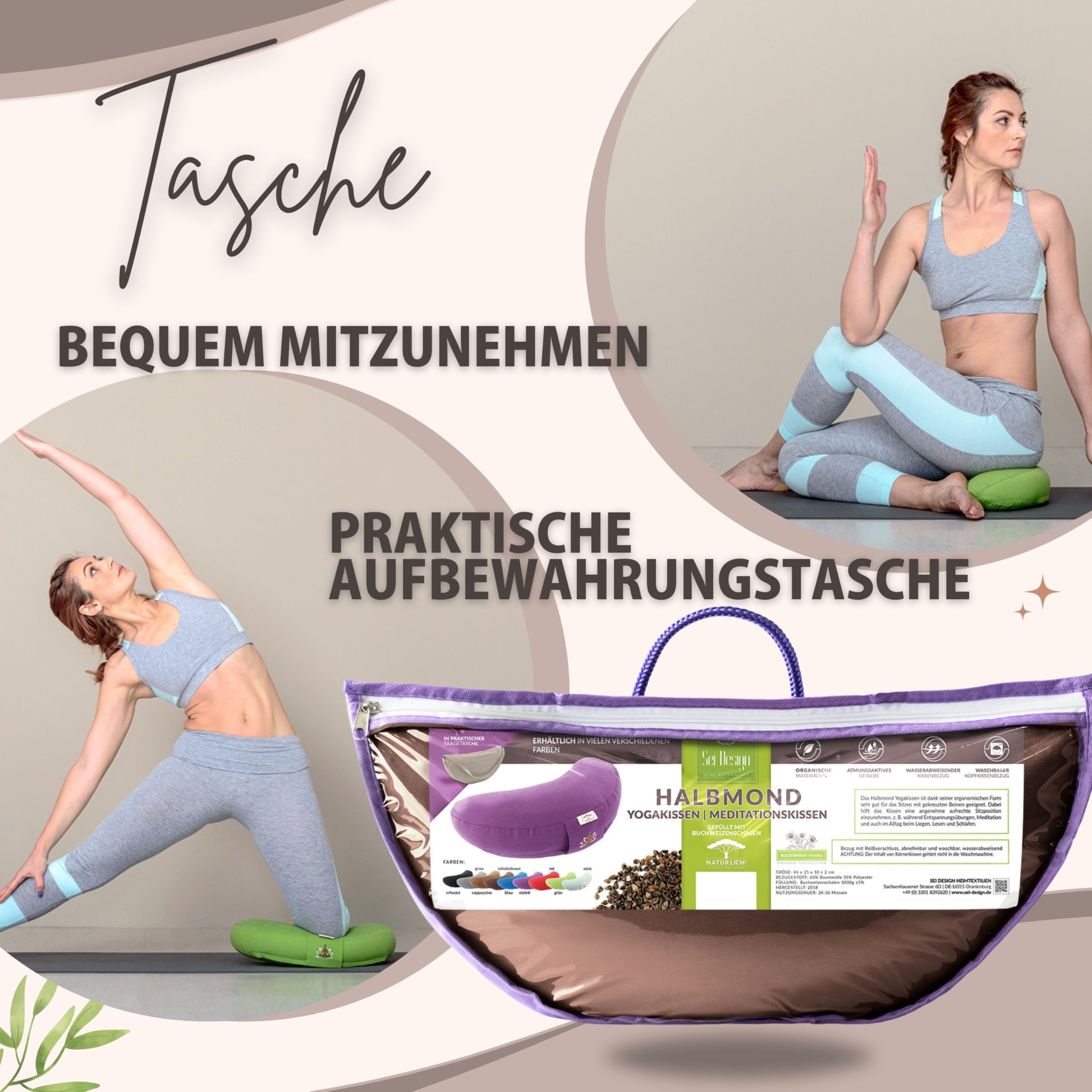 sei Design - Cuscino da Yoga con Imbottitura in Grano saraceno, 46 x 25 x 10 cm, Colore: Grigio