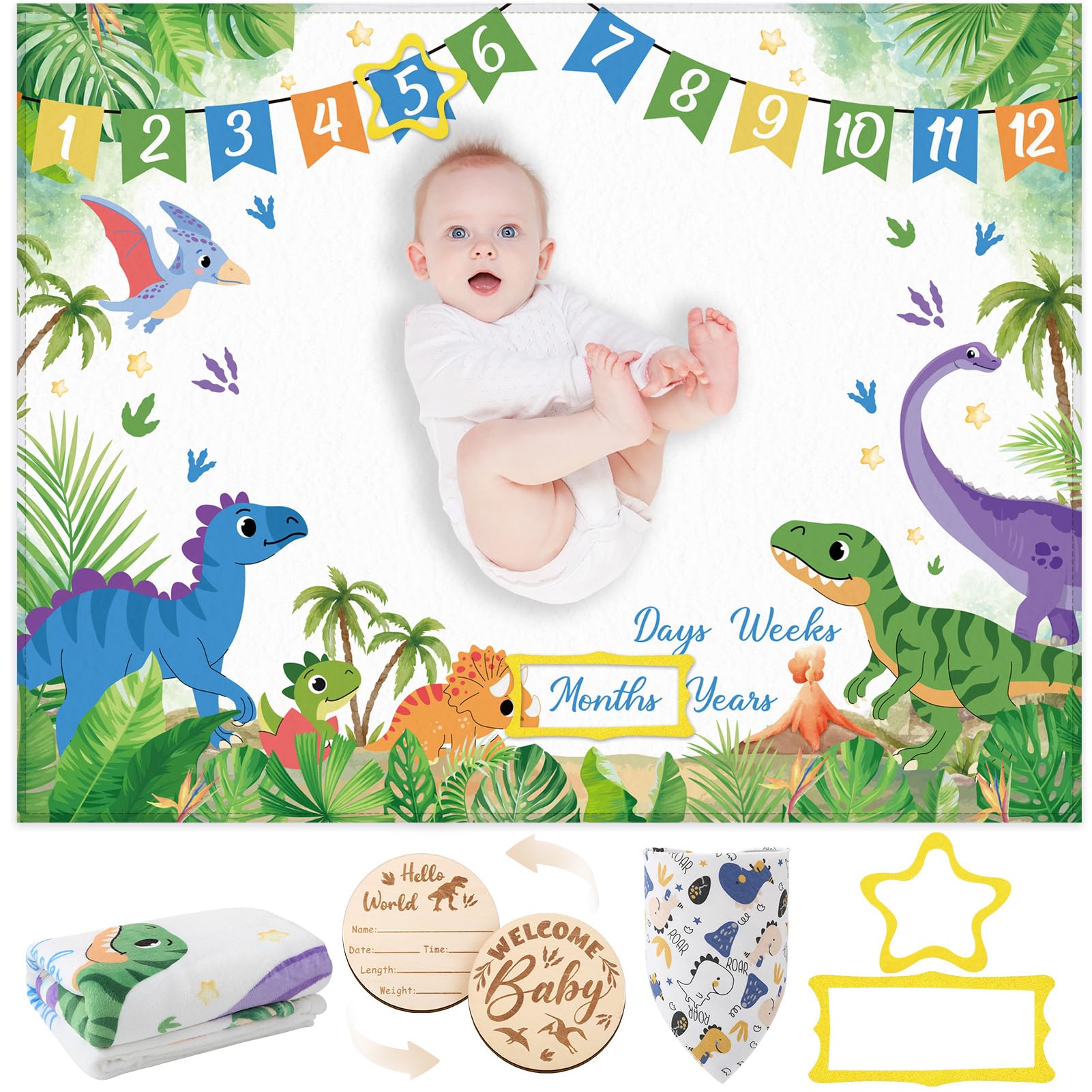 GSrenyu Baby Milestone Blanket Dinosaurs-themed Monthly Milestone Blanket with Drool Bibs,Flannel Blankets Photo Prop for Newborn Boys and Girls,Includes Felt Frame(Dinosaurs)