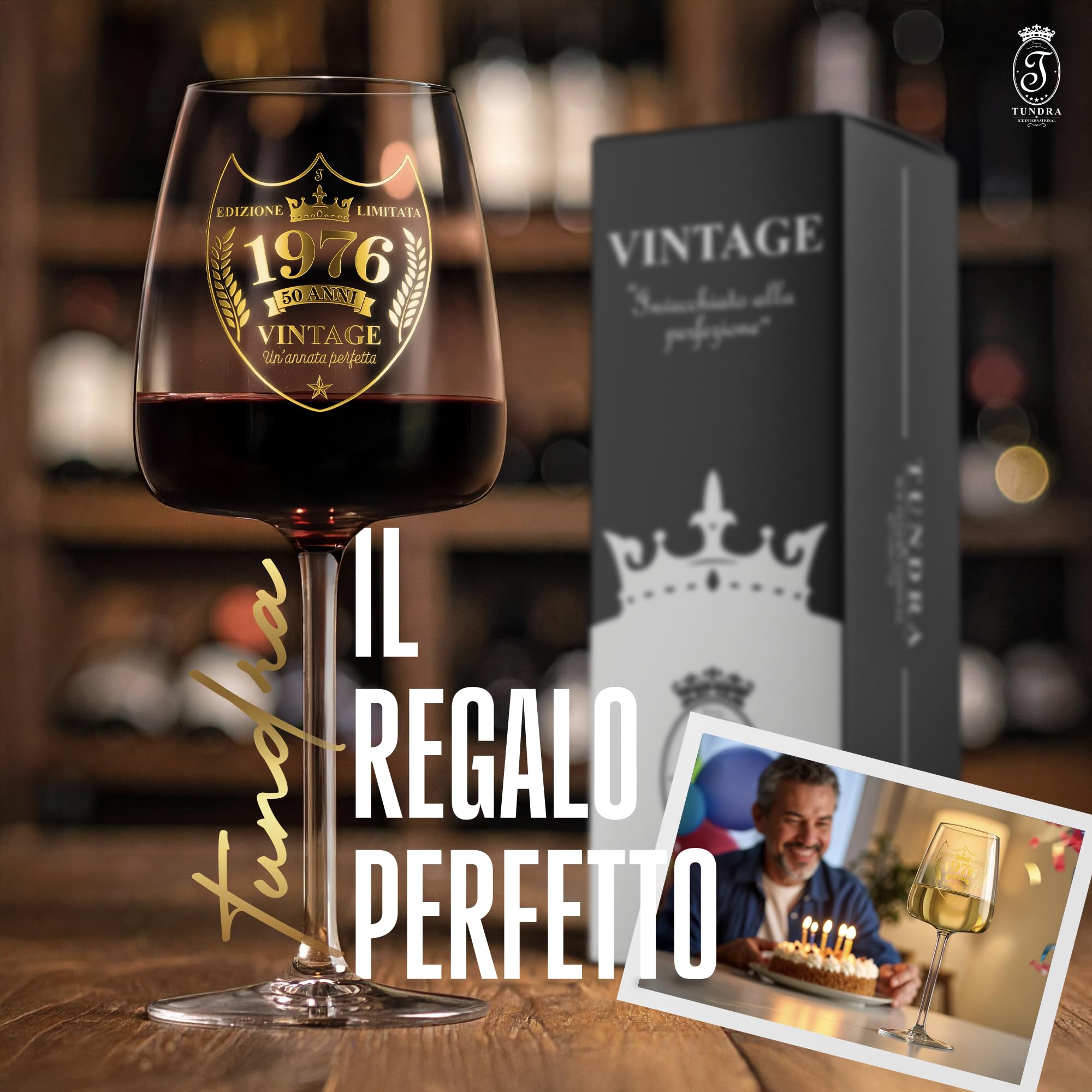 TUNDRA - Calice Personalizzato per Regalo 50 Anni Compleanno Uomo | 1976 | Calice in CRISTALLINO da 450 ML con stampa EFFETTO ORO di Altissima Qualità - Idee Regalo Uomo Compleanno Originali (50 Anni)