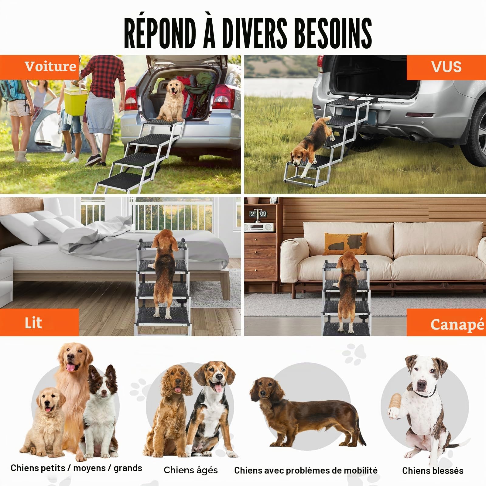 VEVOR Escalier pour Chien 4 marches, Rampe Pliable, Charge 68 kg, Aluminium, Antidérapant