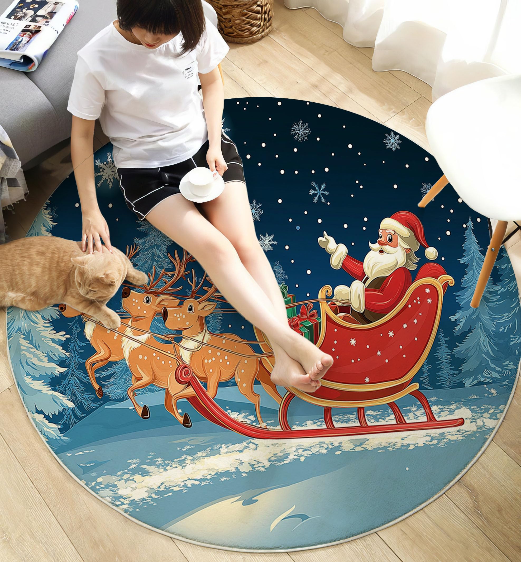 Tapis Renne De Noël - Tapis Salon, Salle À Manger, Chambre Adulte Et Ado, Cuisine, Design Ciel Nocturne d'hiver, Lavable Antidérapant Poil Ras Doux Grande Taille 120 Cm, Indigo
