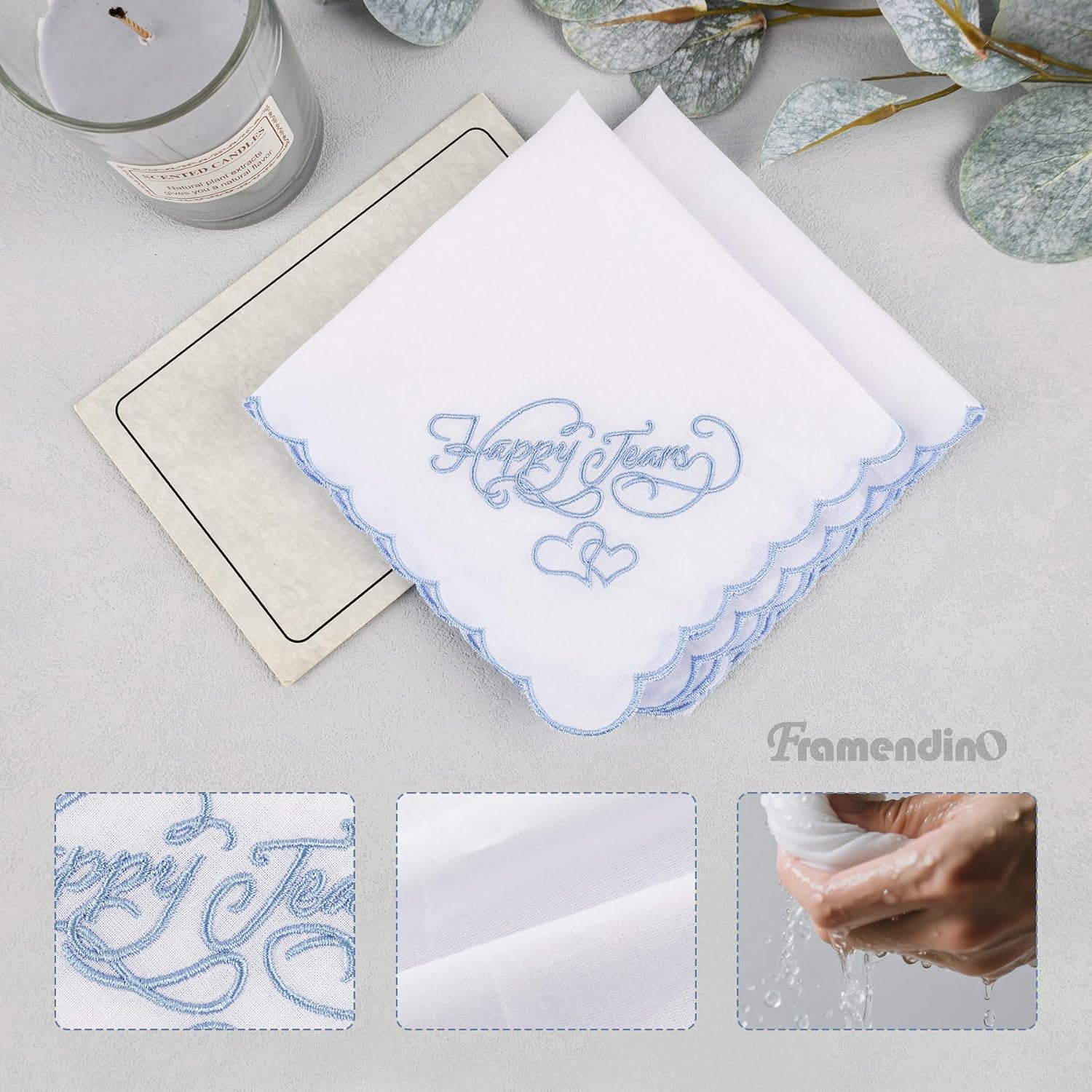 Framendino, 6 Pack Happy Tears Embroidered Handkerchief for Wedding