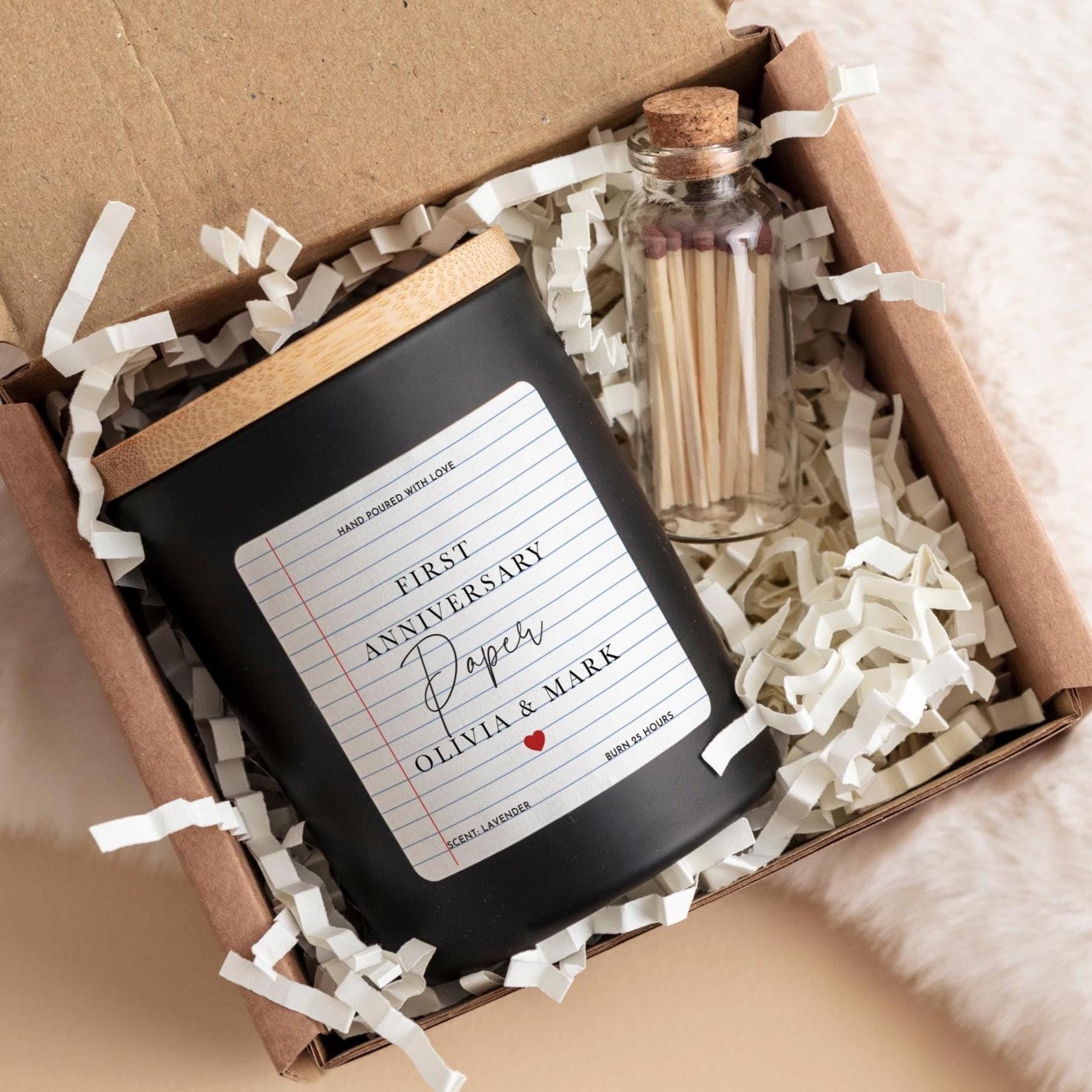 Pomchick - Personalised First Paper Anniversary Candle Gift with Names Vegan Soy Wax Candle Present for Husband Wife Fiancee Boyfriend Girlfriend