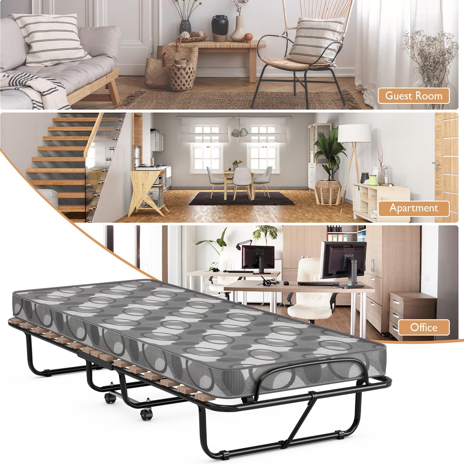 LIFEZEAL Brandina Pieghevole con Materasso, 190x80cm, Letto Singolo a Scomparsa, Letto di Emergenza per Ospite, con Ruote, Telaio in Acciaio, 15 Doghe in Legno, Salvaspazio, Max 120 kg, Made in Italy
