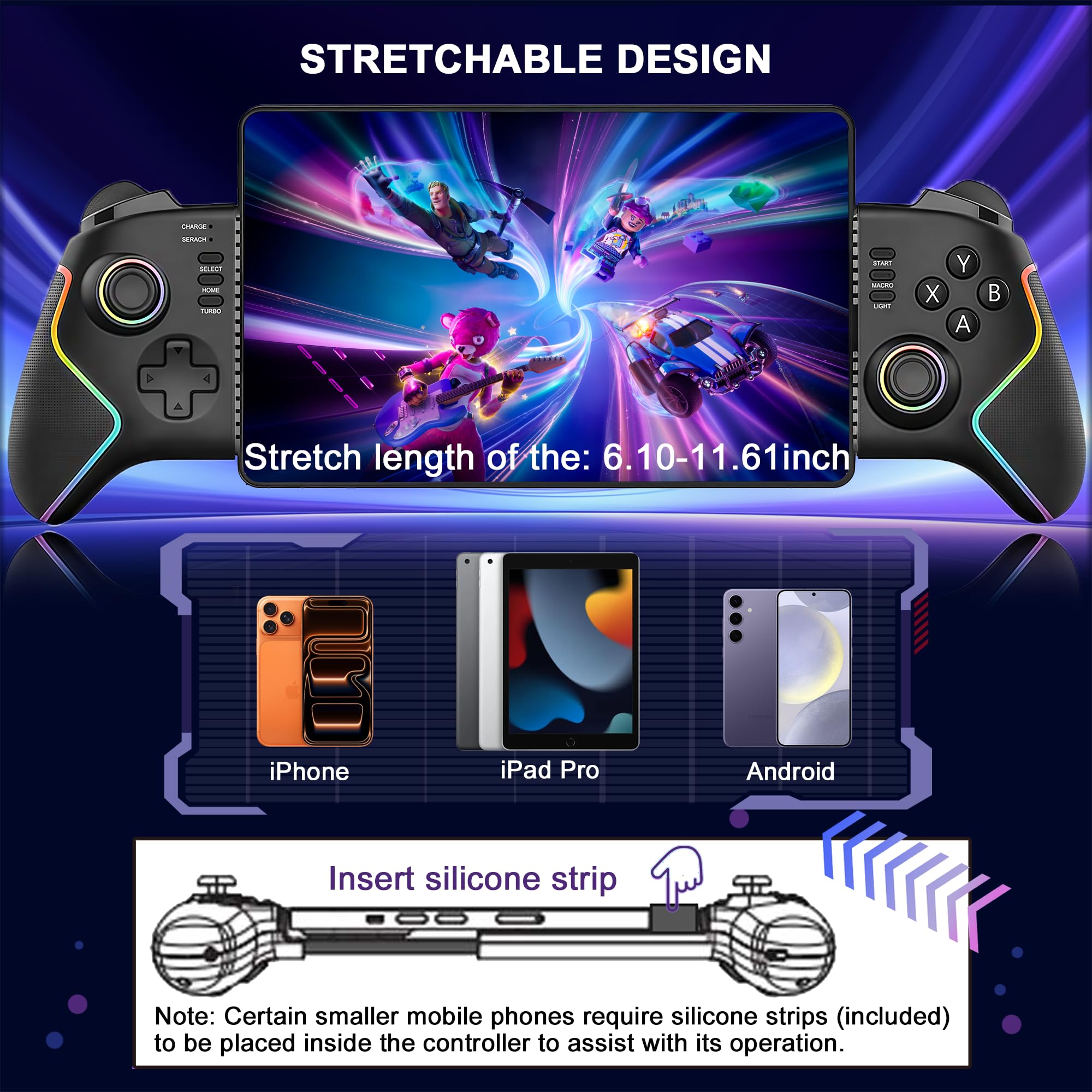 Megadream Controlador de juegos para iPad/tablet (hasta 13 pulgadas), mando móvil con joysticks y disparadores, macro, turbo, iluminación RGB, mando a distancia para Xbox/PS5/PS4/PC