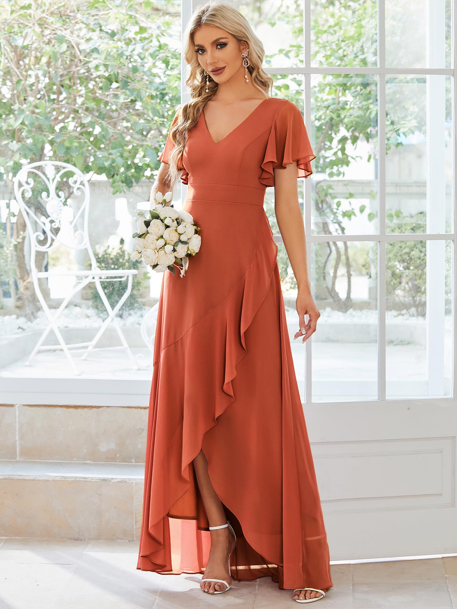 Ever-Pretty Robe pour Mariage Invité Femme Longue Asymétrique Manches Courtes Col V Fendue Fluide Chic ES01749