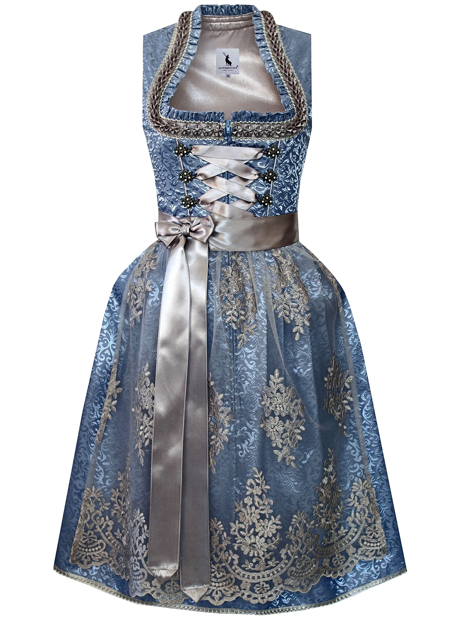 Alpenmärchen Midi-dirndl uit exclusieve collectie incl. kanten schort, maat 32-54 - ALM911, blauw-cr me, 32