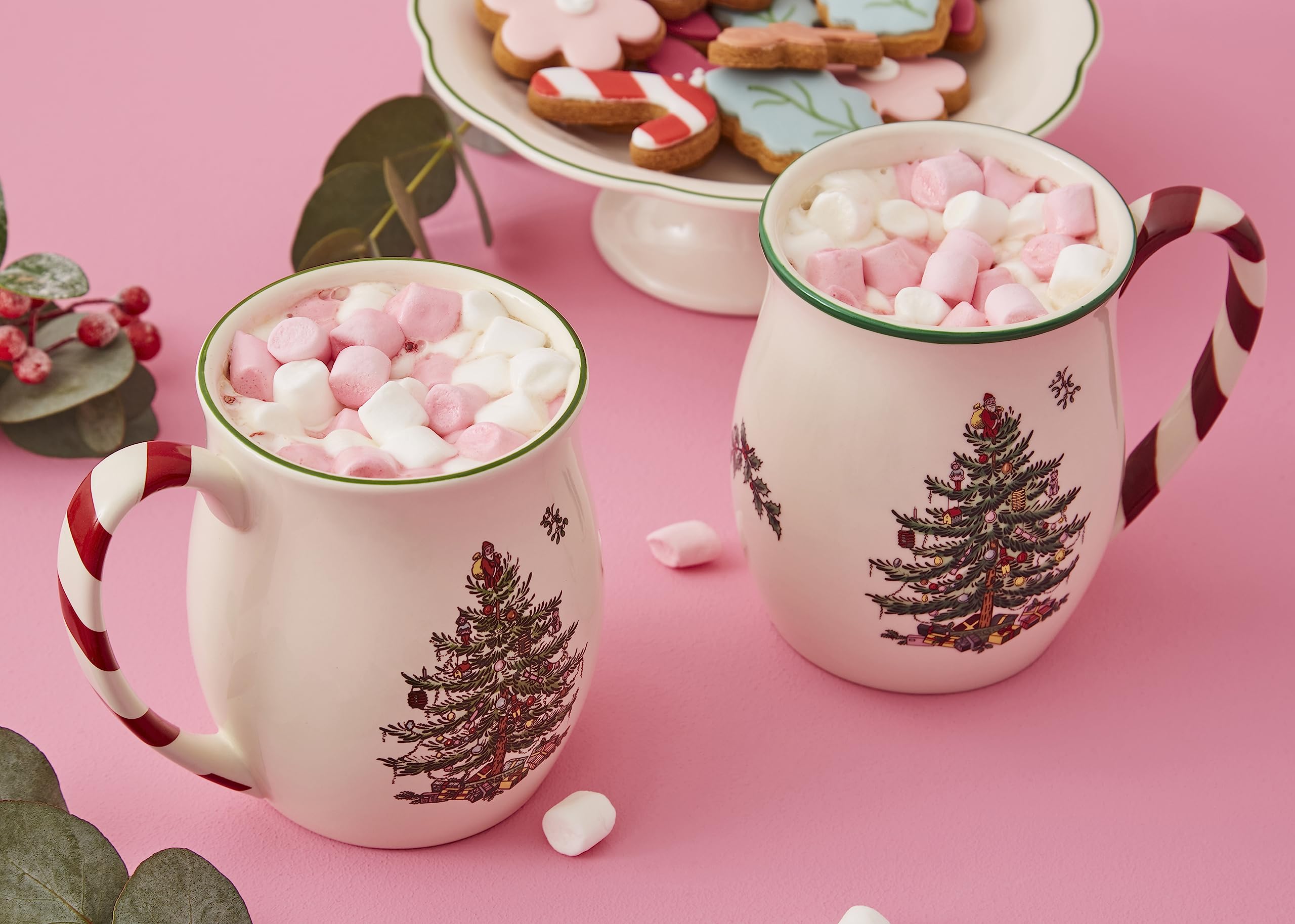 Spode Becher mit Weihnachtsbaum-Motiv und Zuckerstangen-Griffen, Set mit 4 Stück