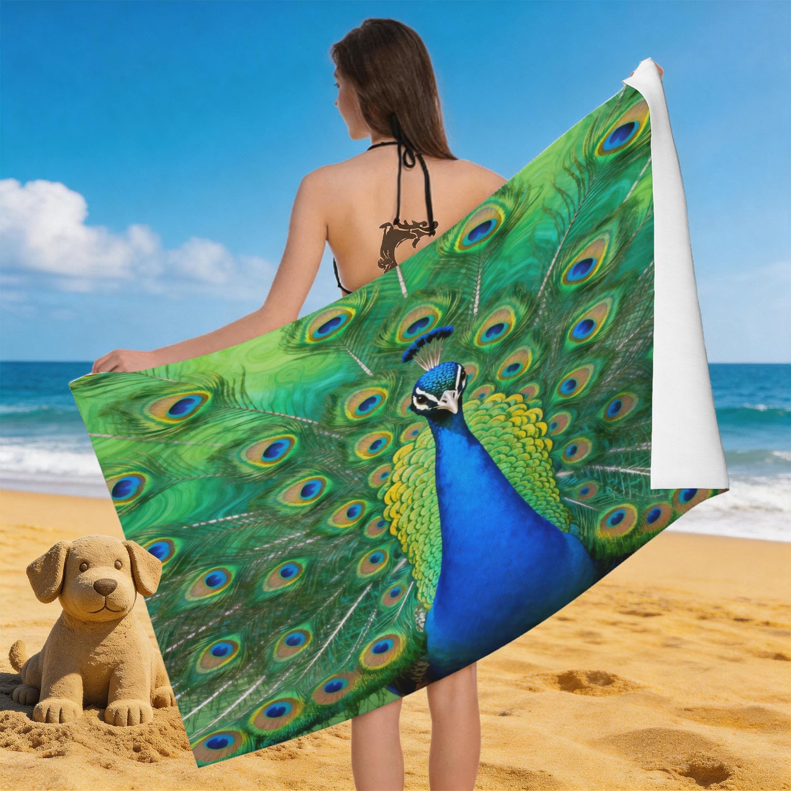 Leichong 3D Peacock Printed Beach Towel Microfiber Soft Quick Dry for Adults, Bird Illustration Bath Towel Lightweight Soft Absorbent for Travel Swimming Pool Sports, 75 x 150 cm