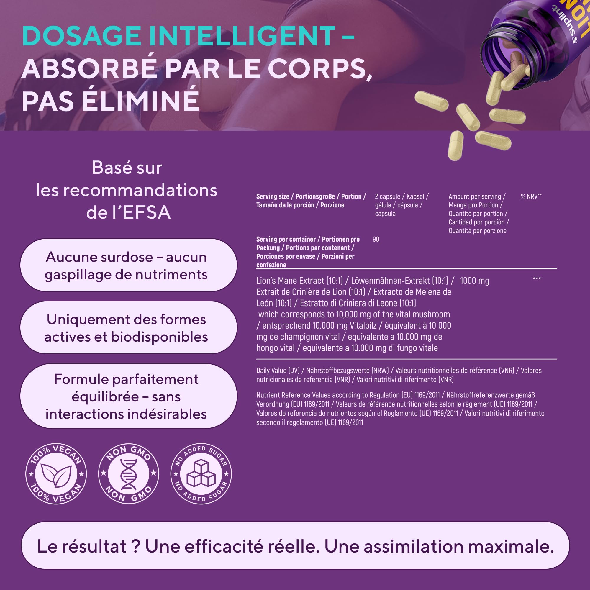 Lion's Mane - 10 000 mg - Gélules de crinière de lion – Extrait de champignon Hericium Erinaceus 10:1 – Naturel et sans OGM (180 capsules)