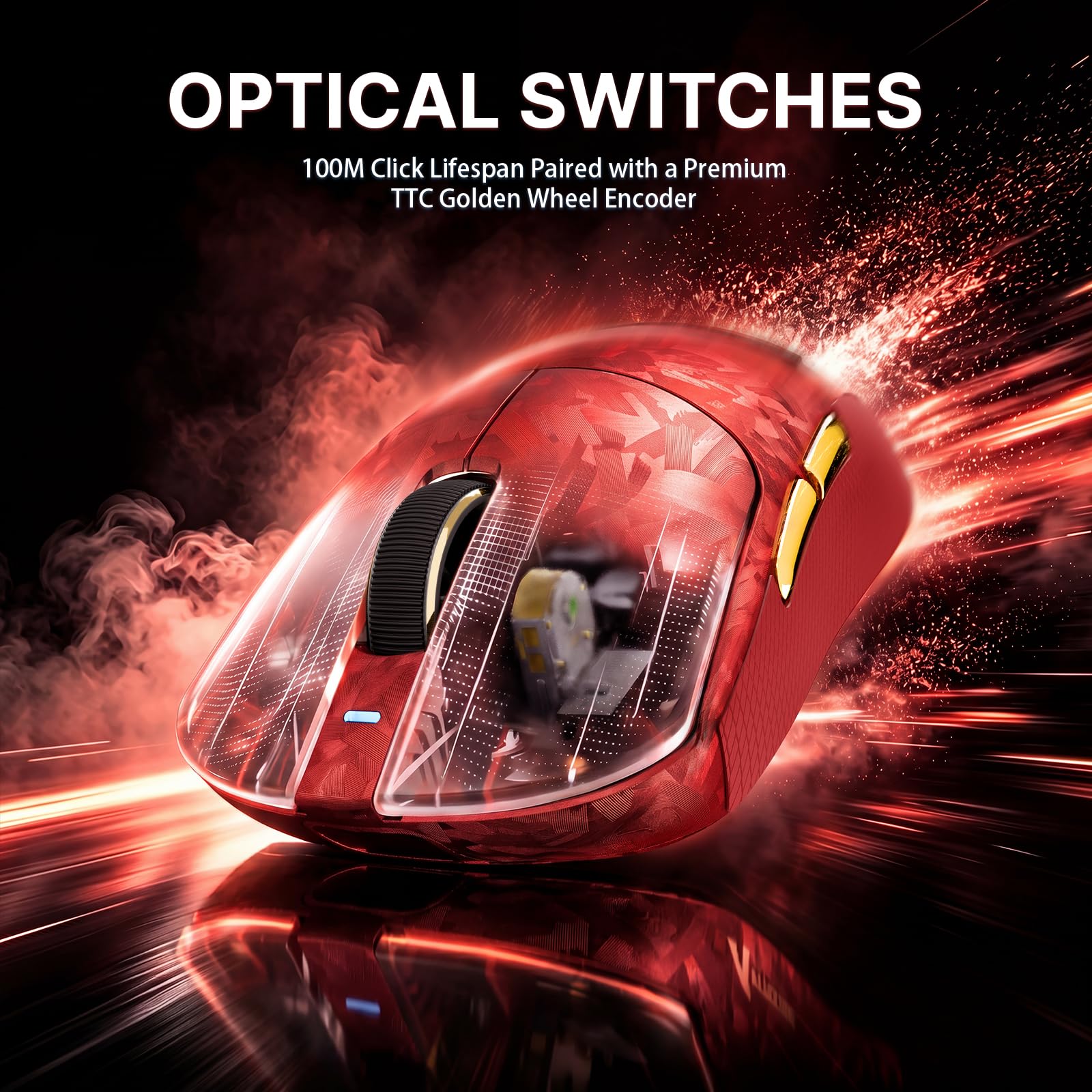 ATTACK SHARK RS3 Ultra Ratón Gaming Inalámbrico, Sensor PAW3955MAX, Chip Nordic 54L15, Fibra de Carbono, 8K Hz Polling, 52K dpi, Ultraligero 63g, BT/2.4G/Cable, Ratón Ergonómico para Esports, Rojo