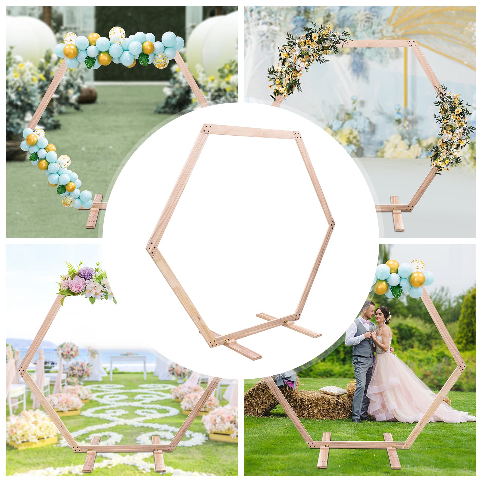 Hochzeitsbogen aus Holz, sechseckig, aus Holz, für Hochzeit, Dekoration, Hochzeit, Ballon, Blumenbogen, geeignet für Hochzeit, Geburtstag, Verlobung
