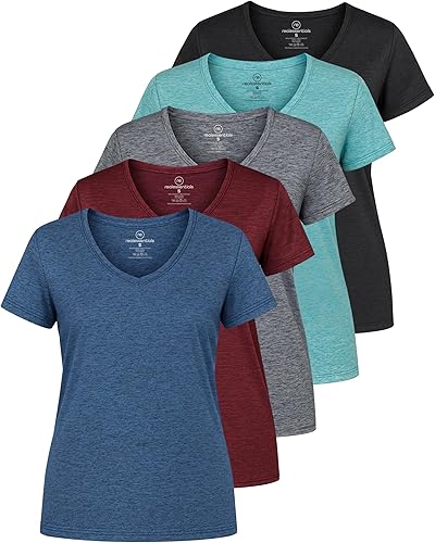 Real Essentials Paquete de 5 Camiseta de Entrenamiento de Manga Corta con Cuello en V de Ajuste Seco para Mujer - Camiseta de Fitness Gimnasio