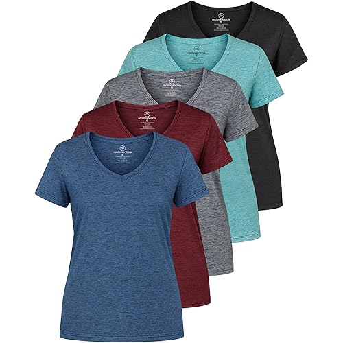Real Essentials 5 Pack: Women's Dry Fit Short Sleeve V Neck Workout Top - Fitness Gym Athletic Yoga T-Shirt (Plus Available)