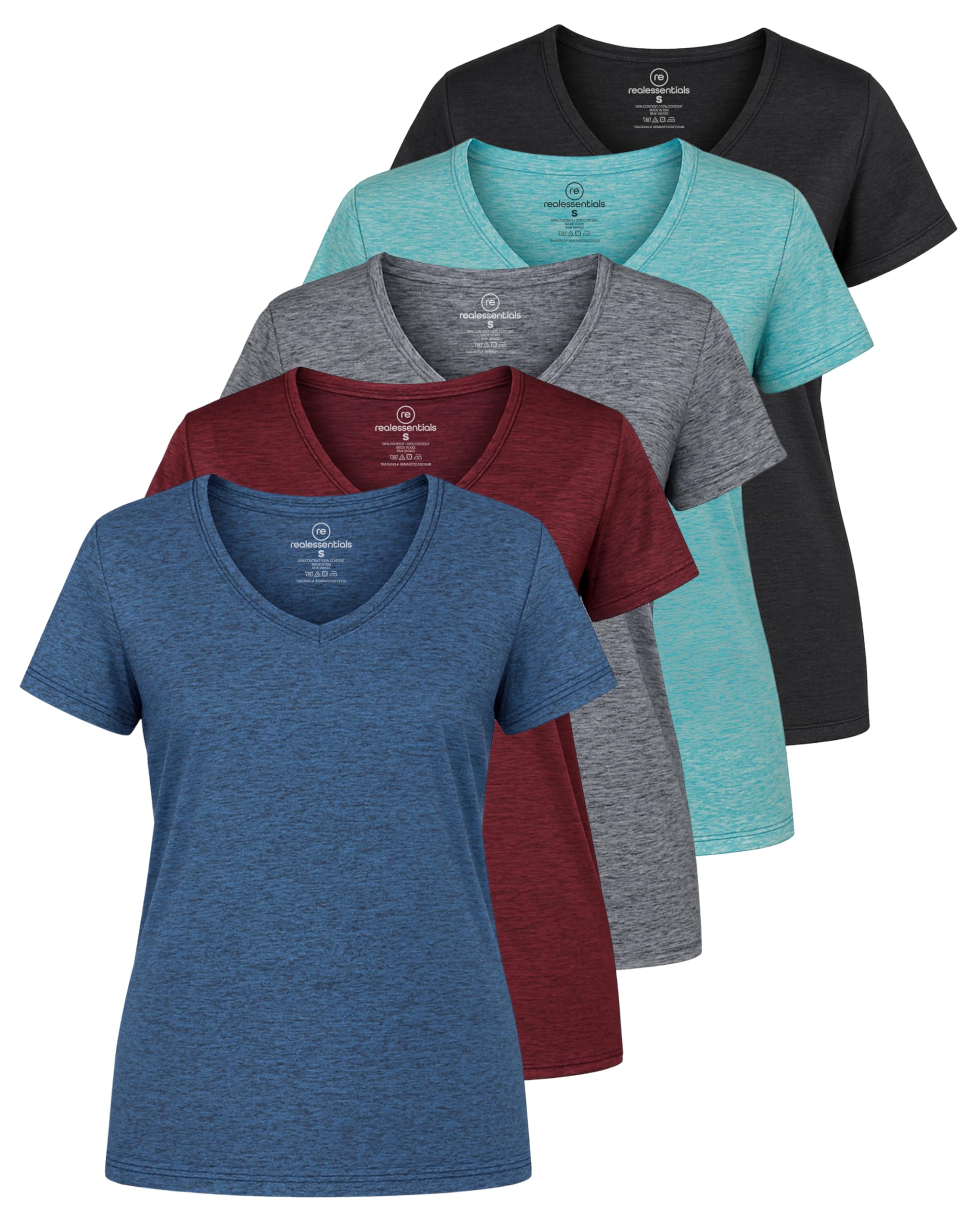 Real Essentials 5 Pack: Women's Dry Fit Short Sleeve V Neck Workout Top - Fitness Gym Athletic Yoga T-Shirt (Plus Available)