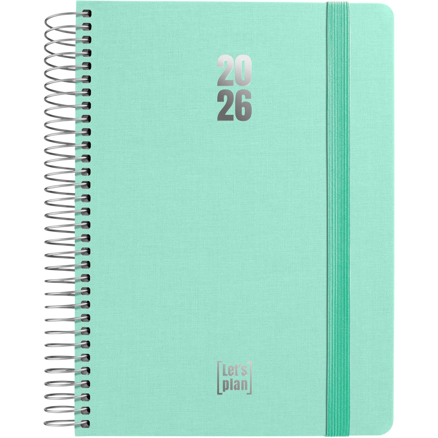 Grafoplas - 2026 Diary Day by Page, Fancy Mint, Size 15 x 21 cm, Spanish, Spiral, Hardcover Lined Fabric, Vertical Rubber Closure, Rounded Corners, Includes Stickers, FSC Certified
