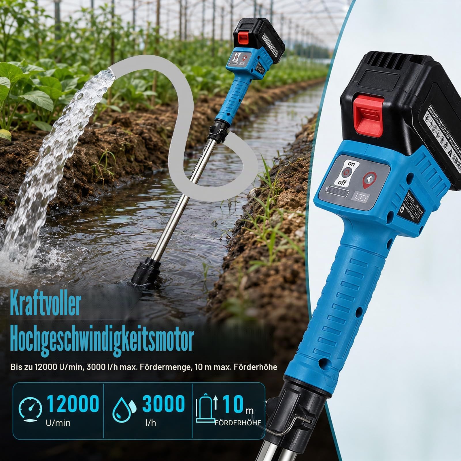 Akku Regenfasspumpe kompatibel mit Makita 18V – Regenfasspumpe mit 3000 L/h, 10 m Förderhöhe, 3-stufiger Durchfluss, 8 m Schlauch, abnehmbarer Schmutzfilter, für Garten Pool Regentonne (ohne akku)