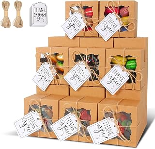 KPOSIYA 20 Pcs Brown Bakery Boxes with Window - Individual Cupcake & Cookie Boxes (4x4x2.5 Inches) - Kraft Paper Brown Gift Box for Pastries, Cookies, Pie, Donuts, Macaroon