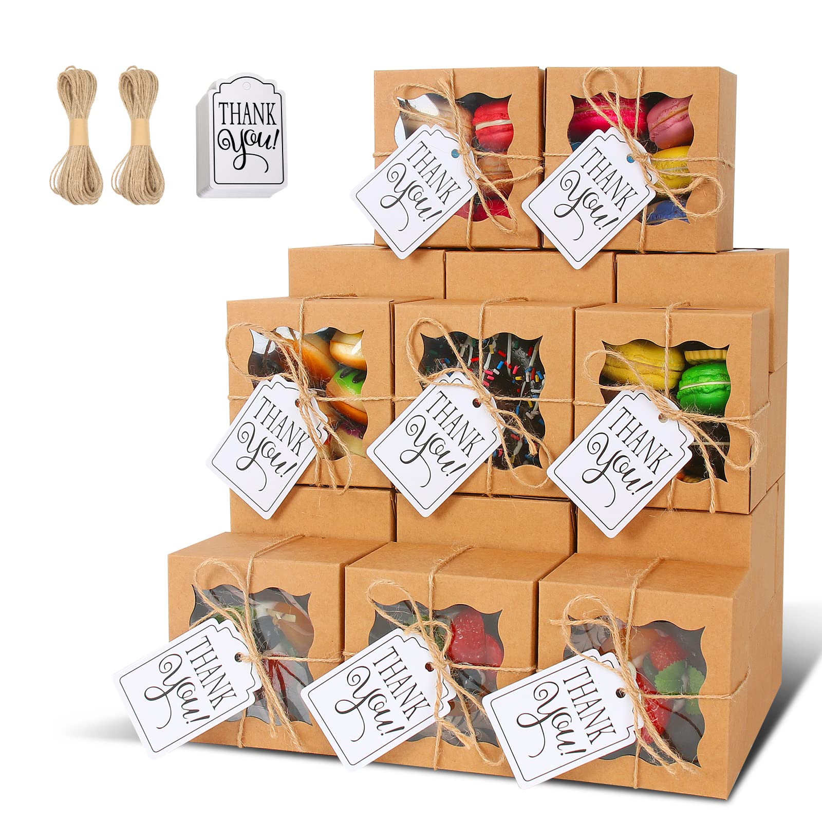 KPOSIYA20 Pcs Brown Bakery Boxes with Window - Individual Cupcake & Cookie Boxes (4x4x2.5 Inches) - Kraft Paper Brown Gift Box for Pastries, Cookies, Pie, Donuts, Macaroon