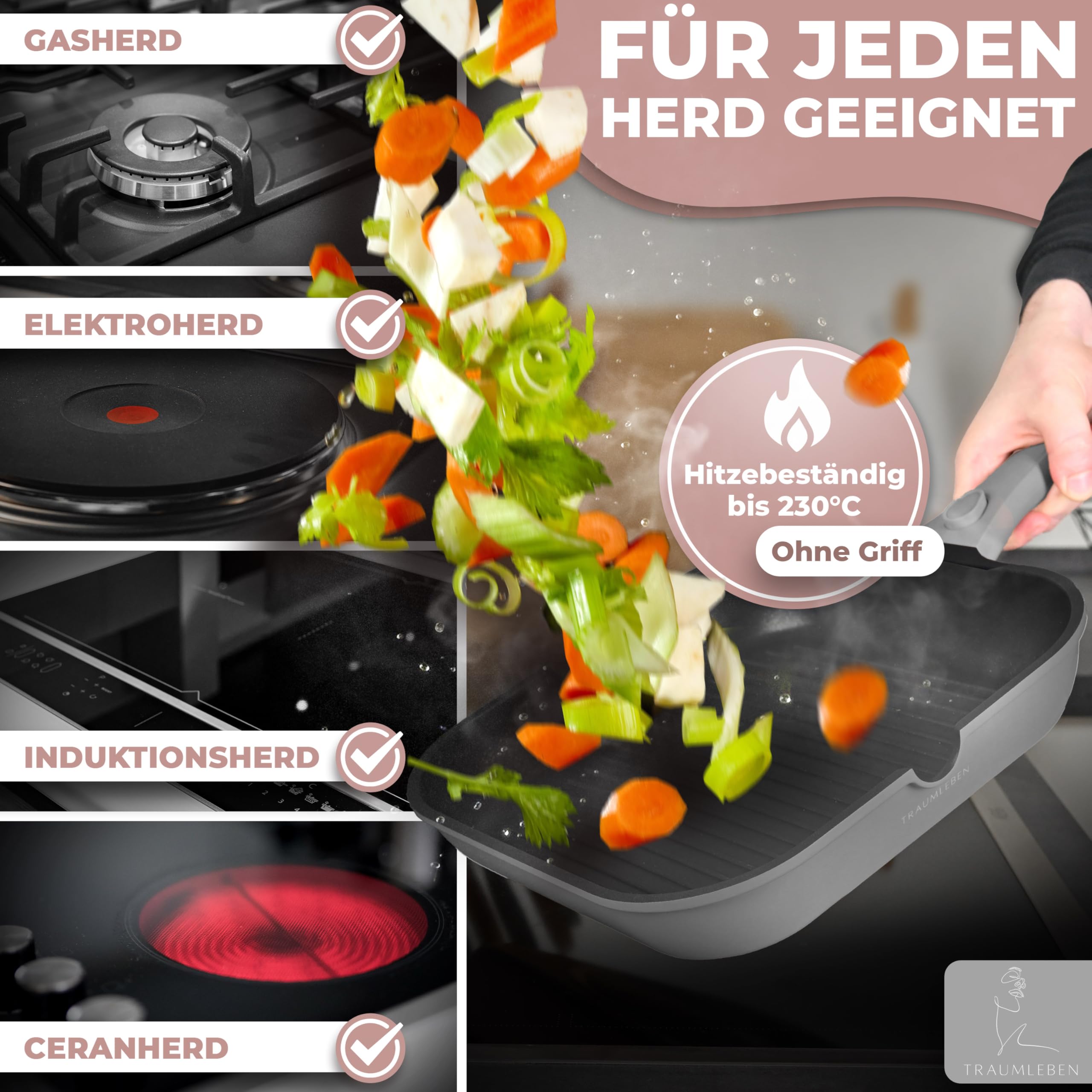 TRAUMLEBEN Padella Grill 28 cm con beccuccio – antiaderente per induzione, manico removibile, PFOA free, adatta al forno, ideale per bistecca (grigio)