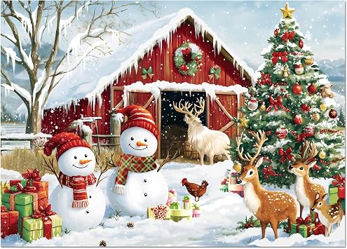 500 Piece Christmas Jigsaw Puzzle for Adults, 21" x 15" Christmas Farm Puzzle Pieces - Christmas Tree, Snowman, Milu Deer & Presents on Snowy Eve, Xmas Party Favors, Home Decorations