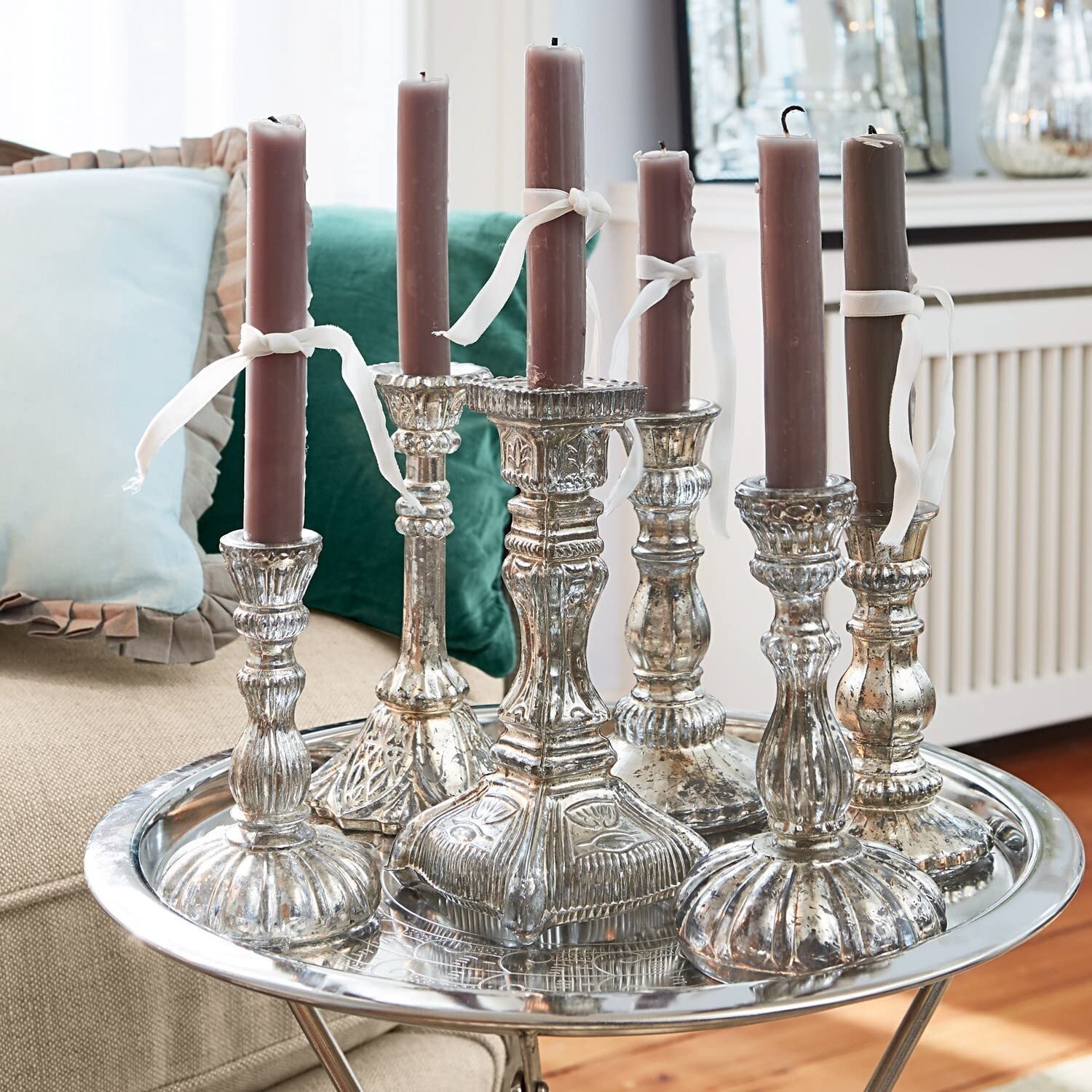 Loberon Adolpha Set di 6 portacandele - Sei Modelli Differenti - Romantico Stile Shabby Chic, Argento Antico