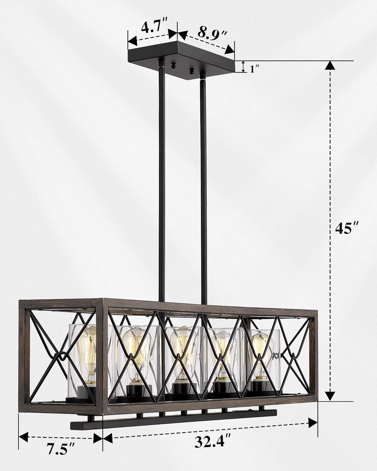 70% Off Everything FEMILA 5-Light Kitchen Island Light, Farmhouse Linear Pendant Lighting Fixture with Clear Glass Lamplshade, Metal Frame, Antique Wood Grain Paint Finish, 4FY42-5 WB