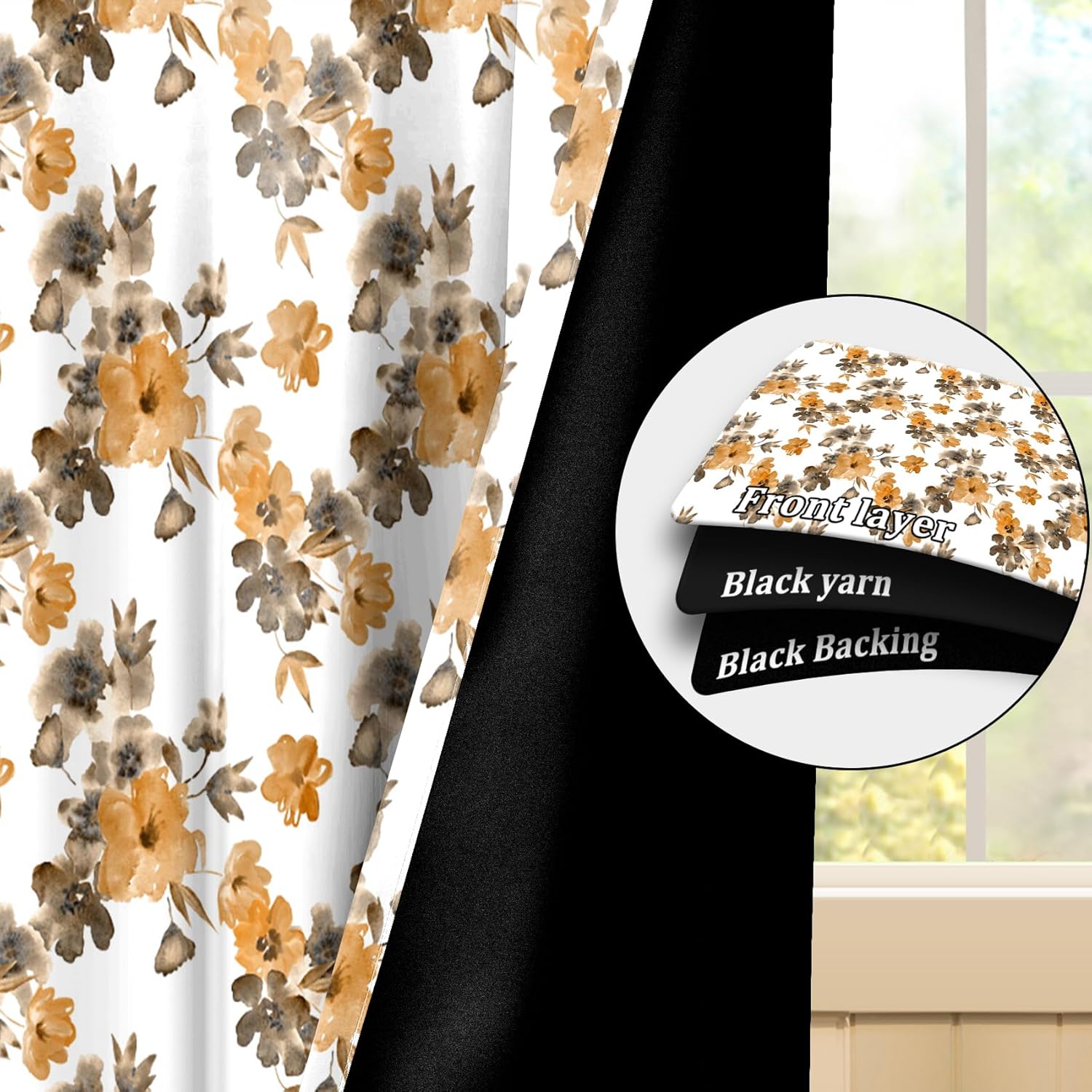 Renaiss 42 x 84 Inch Floral Blackout Curtains for Living Room Linen Orange Tan Flower Fall Curtain Light Filtering Privacy Grommet Curtain Farmhouse Country Vintage Window Treatment Drapes 2 Panels