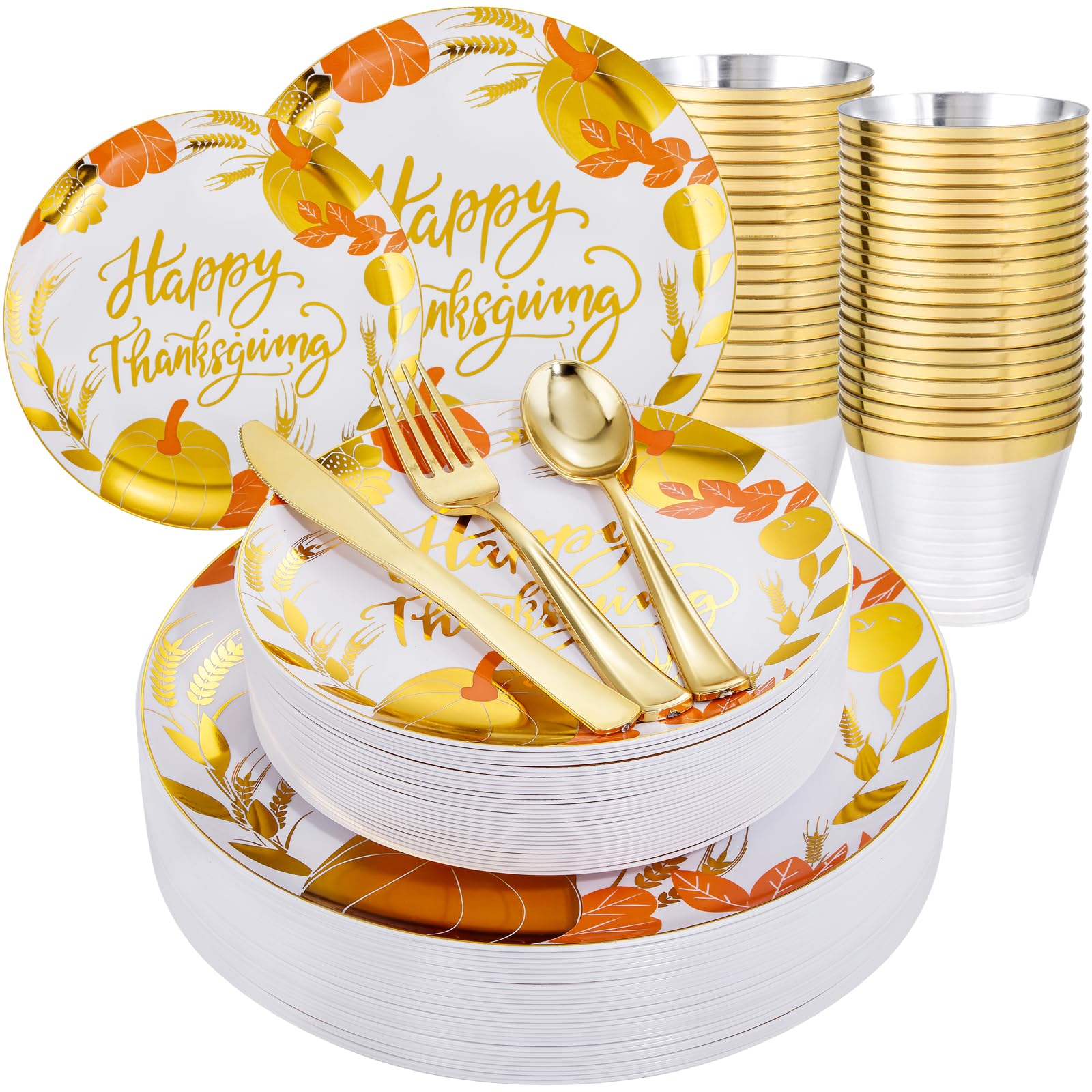 KIRE 150PCS Thanksgiving Plates Dinnerware Pumpkins - Plastic Thanksgiving Plates with Gold Silverware Include 25Dinner Plates 25Salad Plates 25Forks 25Knives 25Spoons 25Gold Cups