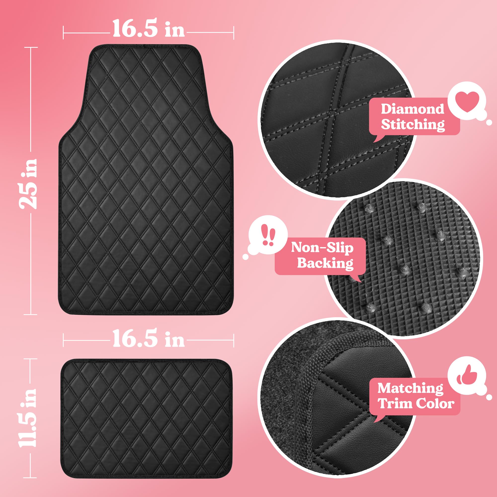 Carbella DiamondLuxe Car Floor Mats Stylish Faux Leather Car Mats with Diamond Stitched Detail and Matching Taping Universally — view 2
