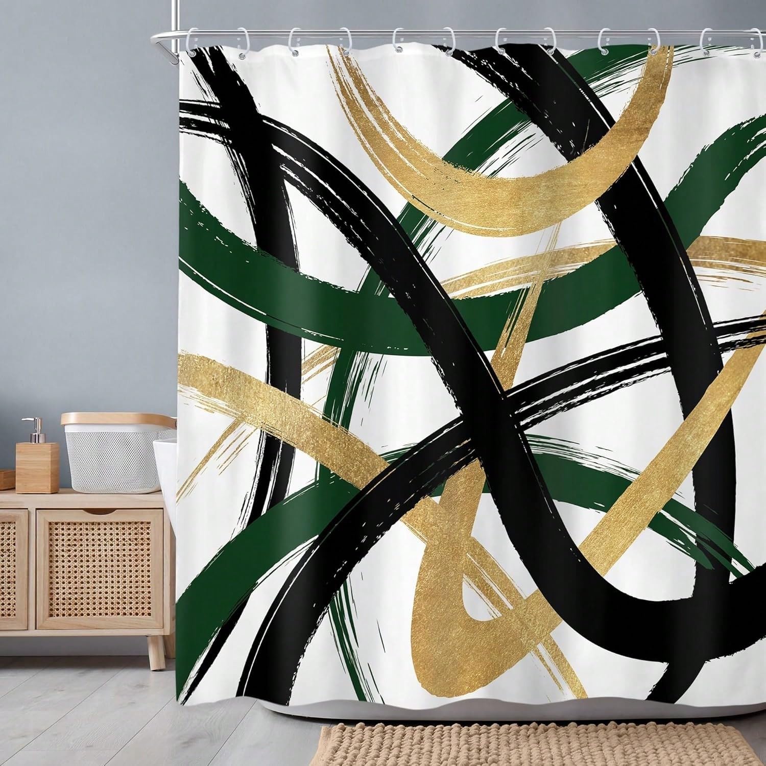 Schwarz-Weiß-Gold Abstrakter Duschvorhang Modernes Türkisgrünes Linienkunst Minimalistisches Einfaches Skizzen-Design Zeitgenössisches Badezimmer-Set (240 x 199 cm / 94 x 87 Zoll (B x H))