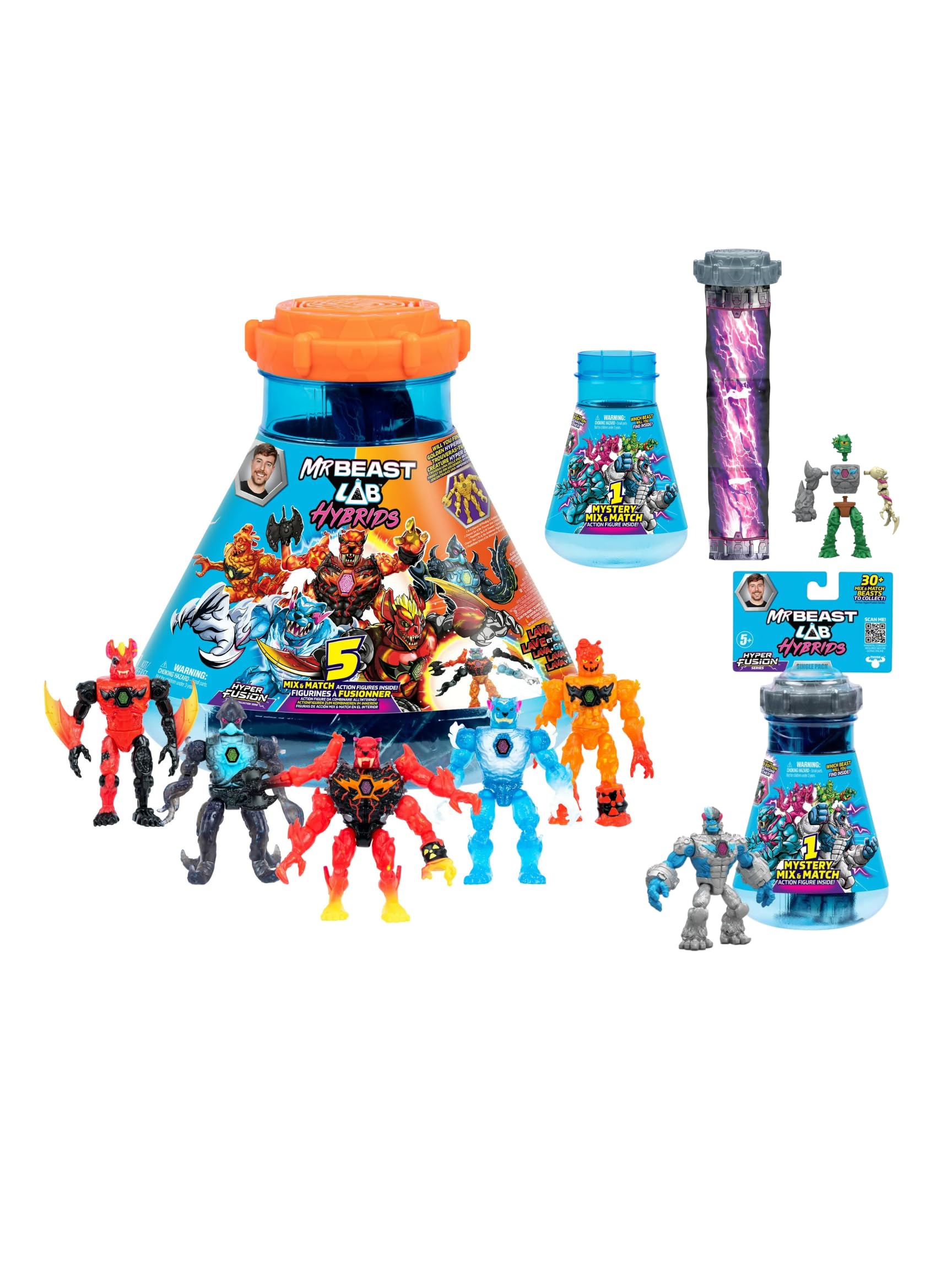 Mr. Beast Lab Hybrids Mega Pack Lava and Ice, Reveal Different Hybrid Parts to Create 5 Mix & Match Action Figures with Bonus 2 Hybrids Mystery Figure – Mix & Match Single Packs (7 Figure Set)