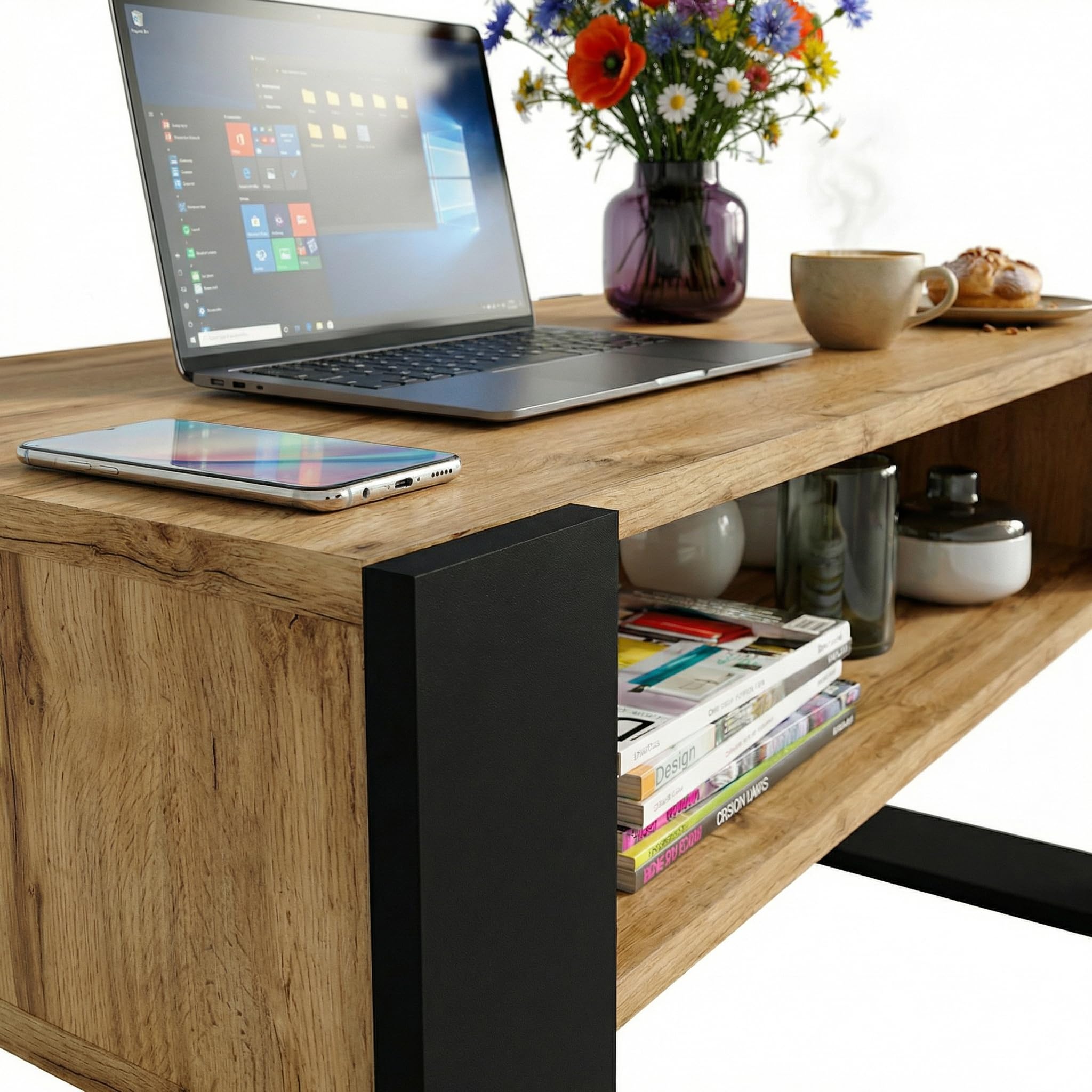 CraftPAK Mesa de Centro para salón de Madera, Mesa Moderna con Estante Adicional, Mesa para sofá, Color Negro