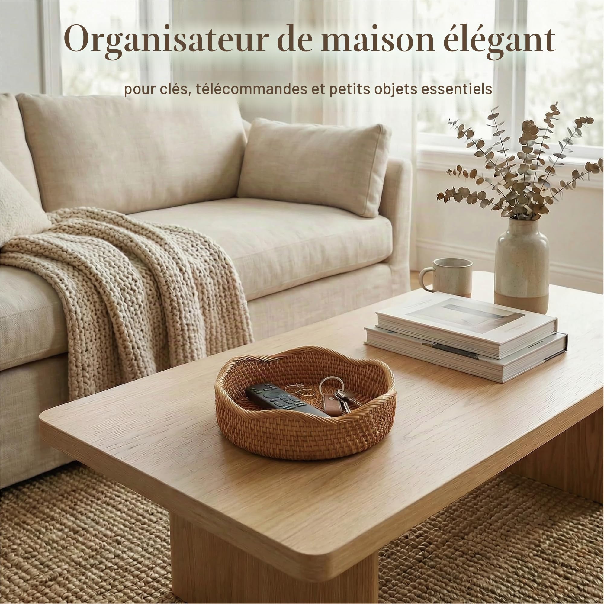 Panier de Rangement Rond en Rotin, Corbeille de Fruits en Osier, Organisateur Tressé Naturel pour Cuisine/Salle à Manger (Vague)