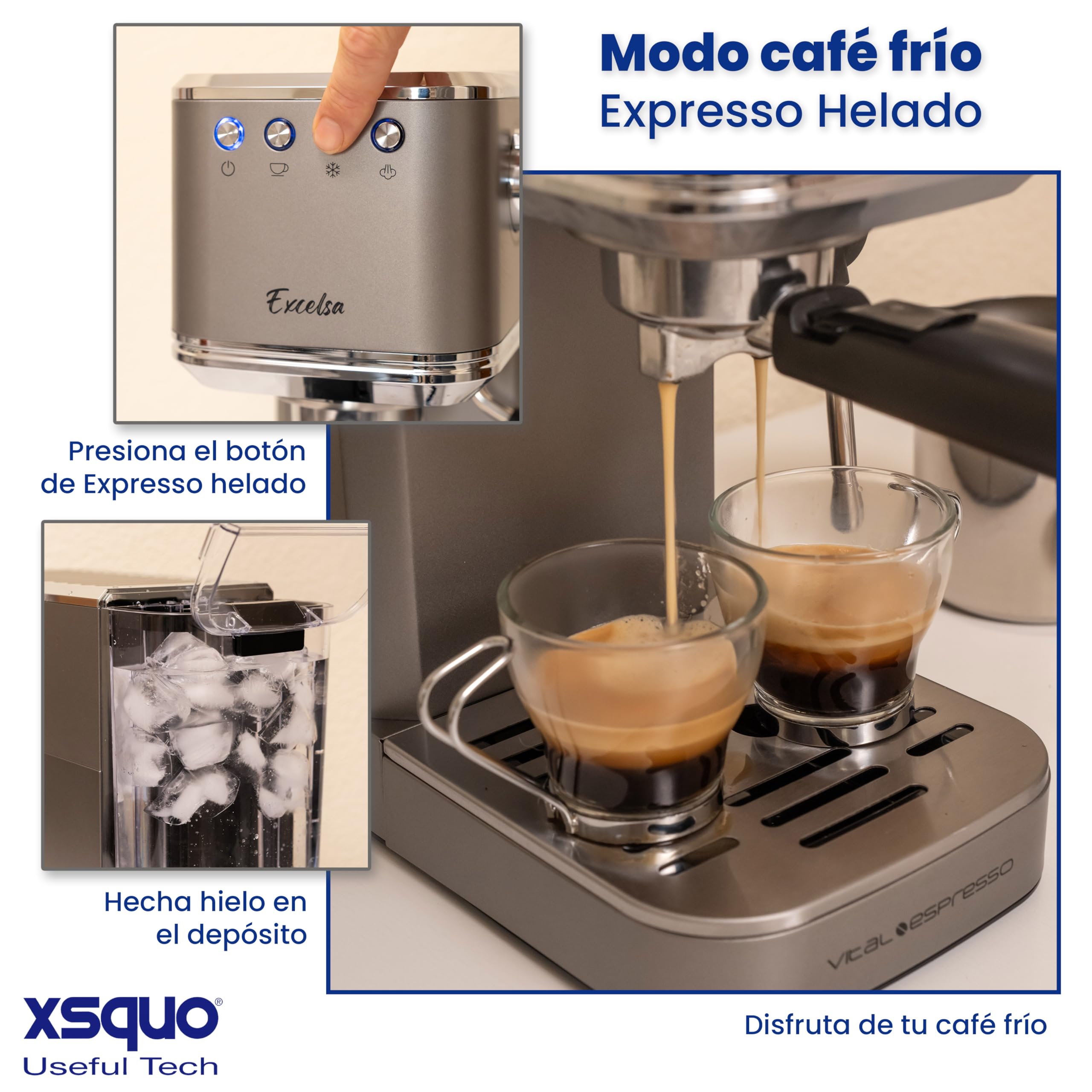 XSQUO Useful Tech Caffettiera Express da 1350 W, 20 bar, con vaporizzatore orientabile e pannello digitale - Vital Espresso Excelsa - Funzione caffè freddo