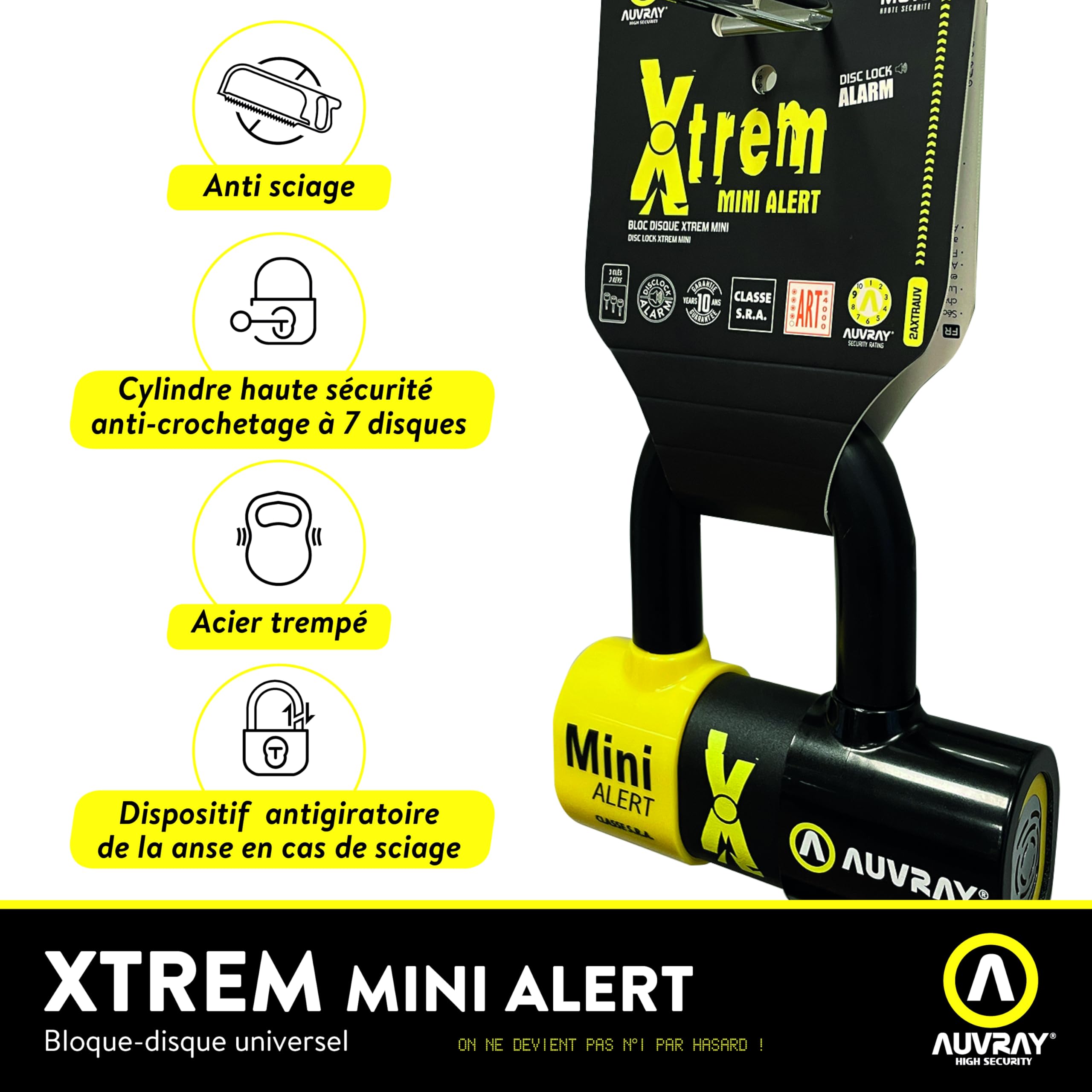 AUVRAY - Antivol Bloque Disque Moto XTREM Mini Alert - Certifié Art 4329 & SRA - Alarme intégrée 120 DB - Niveau de sécurité 9/10 - Haute sécurité - Recommandé par Les Assureurs - Garantie 10 Ans