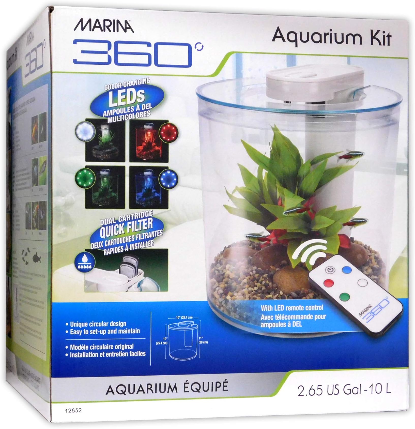 Marina 360 Aquarium with Remote Control LED Lighting, Multi-colour, 10 Litre,Blue,Green,Red