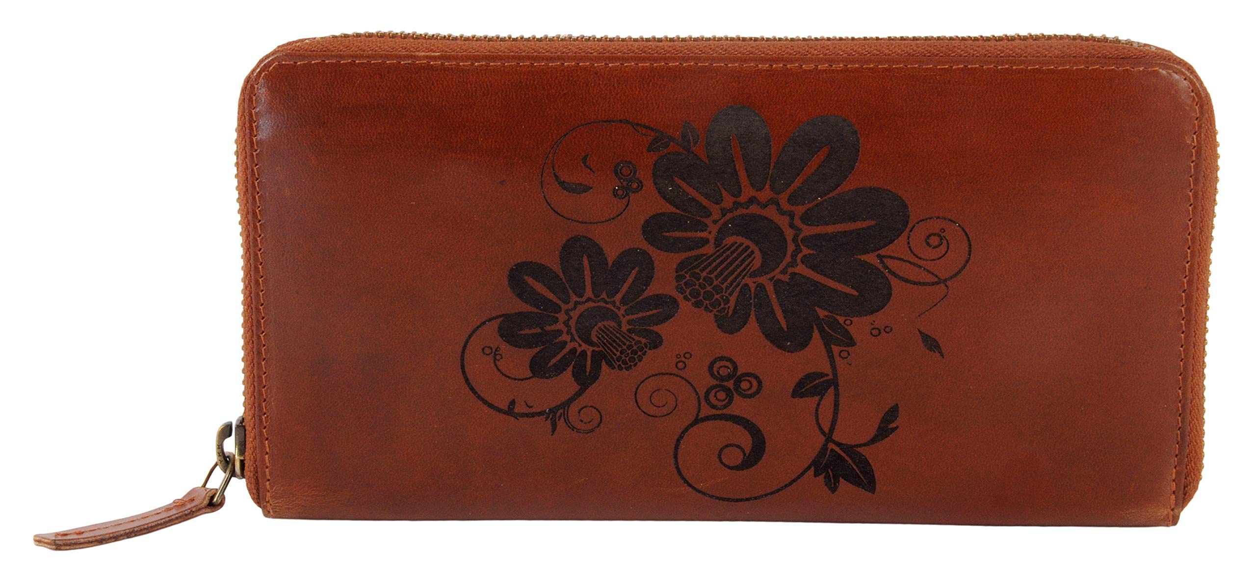Flowers Engraved Round Zipper Leather Wallet (Brown)-image-9