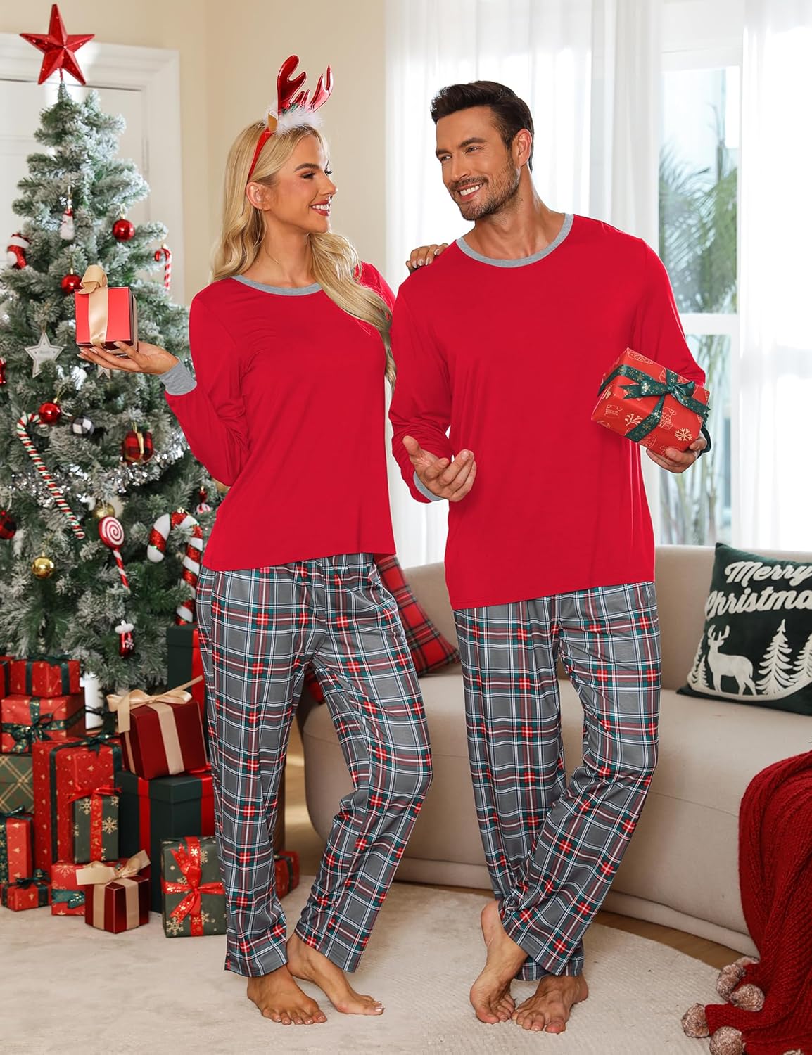 LecGee Matching Christmas Pajamas for Couples Long Sleeve Family Sleepwear Women Men Buffalo Plaid Pjs Pant with Pockets - Image 2