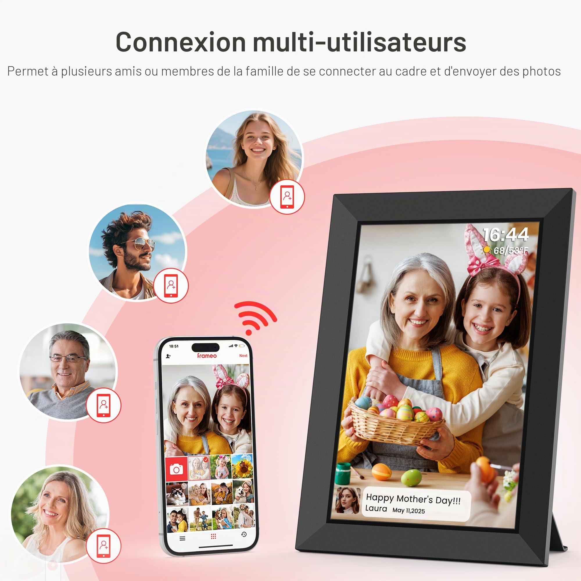Frameo App Cadre Photo Numérique WiFi 10.1 Pouces Cadre Photo Electronique Cloud Intelligent avec Écran Tactile HD IPS Diaporama de 32 Go de Mémoire Rotation