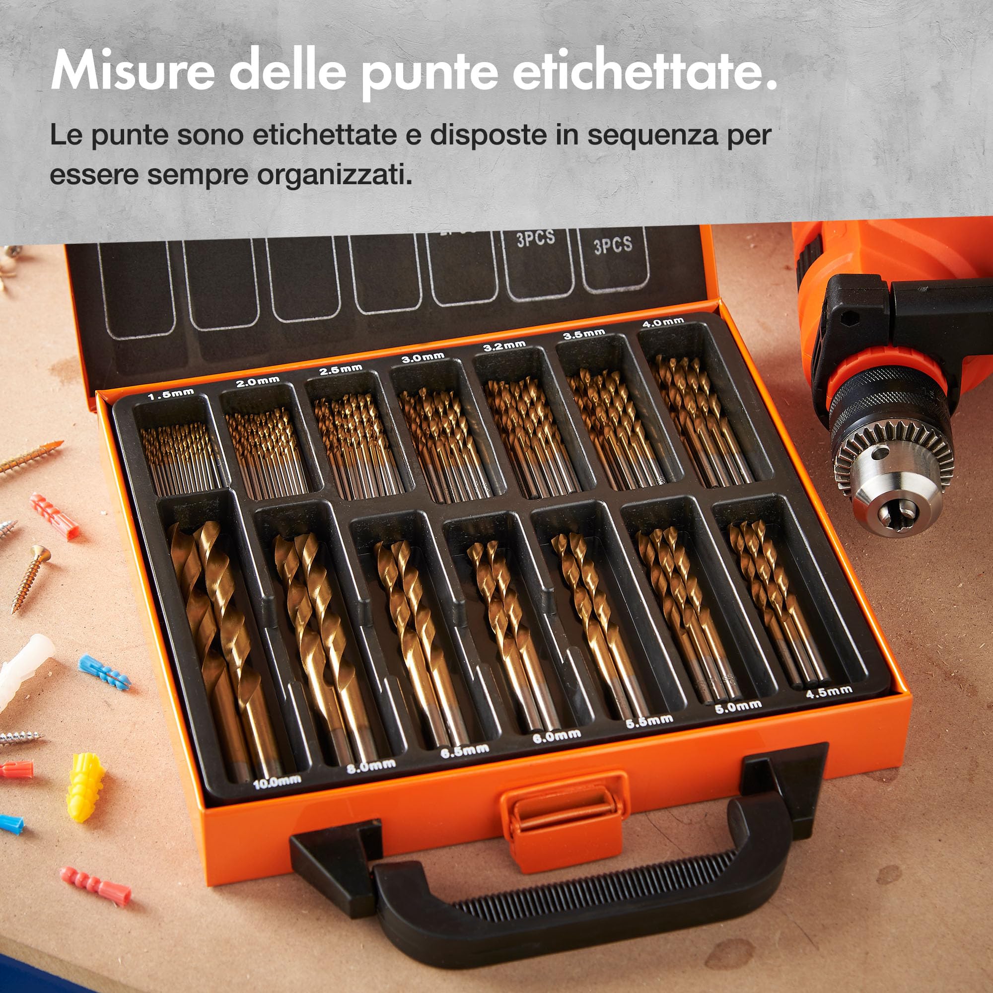 VonHaus HSS Set di Punte Trapano Metallo con Custodia - 99 Punte in Acciaio Rapido da 1,5-10 mm - Acciaio Rivestito in Titanio - Set Punte Trapano per Legno, Muratura e Metallo