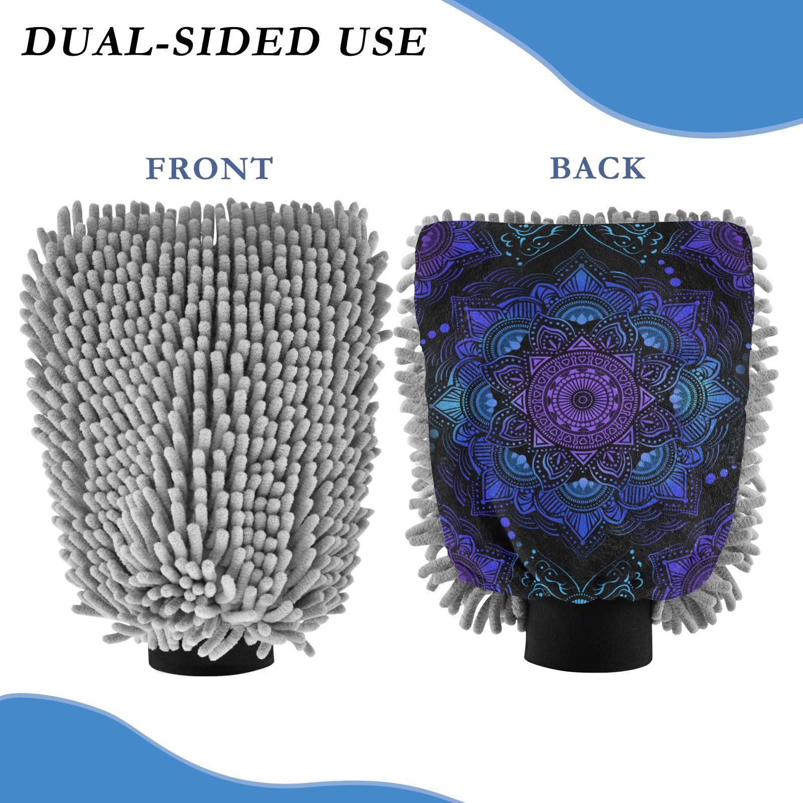 ALAZA Mandala Boho Bohemian Lotus Car Wash Mitt Scratch Free, 2 Pack Absorbent Microfiber/Chenille Washing & Drying Mitts, M