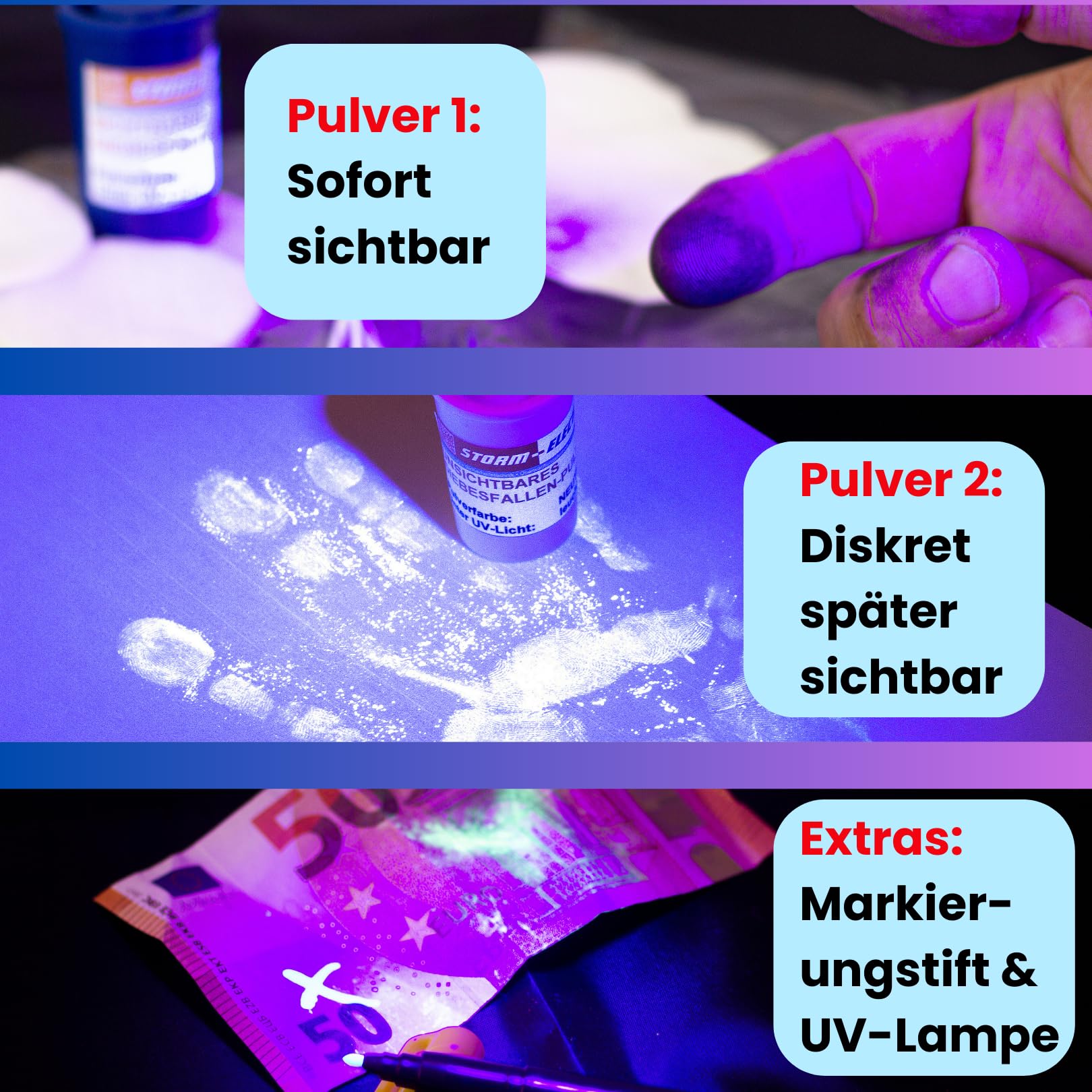 Diebesfallen Universal-Set. Gegenstände mit forensischem Pulver markieren, Diebe sofort oder diskret mit mitgeliefertem UV-Licht überführen. BONUS inklusive: Markierungsstift.