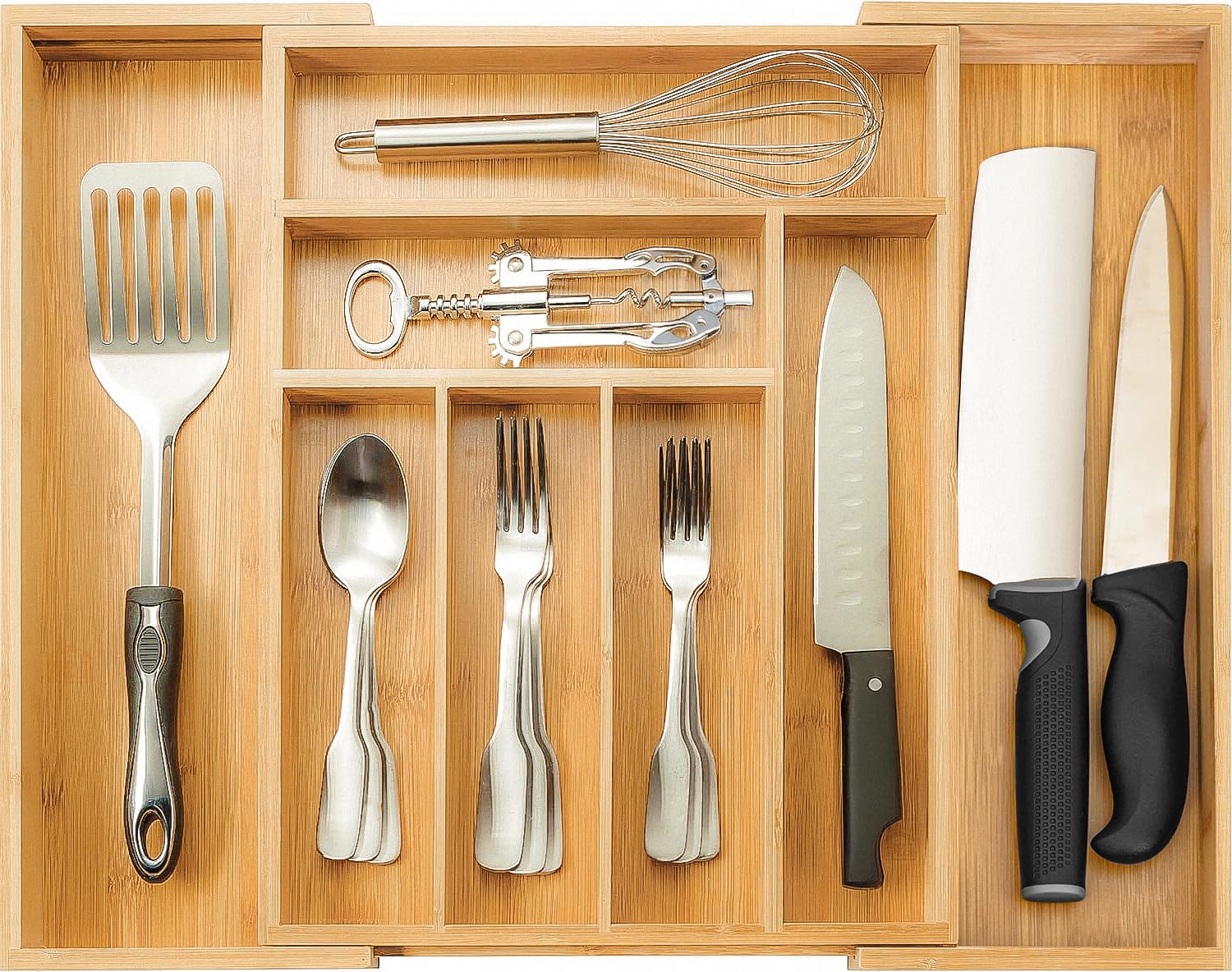 ABOUT SPACE Expandable Bamboo Drawer Organizer with Trays Dividers For Kitchen Cutlery Storage, Stationery, Cosmetics with Compartments for Knife & Silverware Utensils (L 32.5-51.5 x B 41 x H 5 cm)